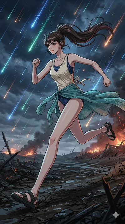 score_9, masterpiece, best quality, ultra-detailed, high-budget anime movie keyframe, cinematic anime lighting, intricate line art, Korean anime girl. Dynamic full-body shot stretching the vertical silhouette with extreme perspective. sprinting throu