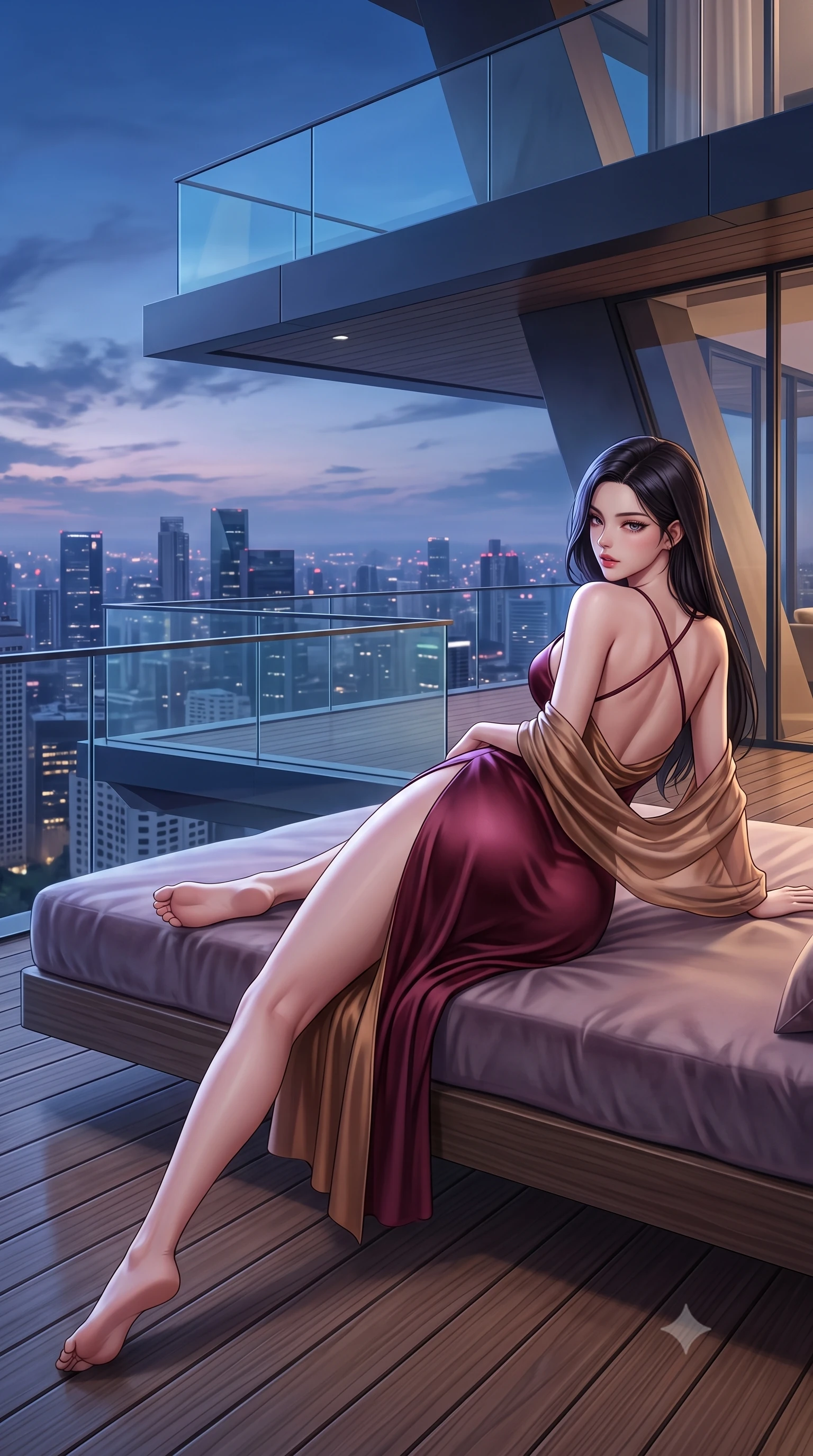 score_9, masterpiece, best quality, ultra-detailed, high-budget anime keyframe, semi-realistic 3D game render, editorial fashion photography, tasteful artistic composition, Korean woman. low angle full-body shot from head to toe showing her feet, filling the entire 9:16 vertical frame with her statuesque presence, stretching her vertical silhouette. posing with back turned slightly to the lens, glancing back with smoldering allure as she arches her lower back to emphasize her sculpted feminine hips and slender waist while reclining on her side across a floating velvet infinity daybed, one leg extended and torso propped on one elbow to accentuate the sweeping line of her curvy hips. The surrounding environment is rendered in vivid detail and crisp panoramic clarity. crystal-clear penthouse glass railings, modern teak wood decking, and sharp architectural angles in deep focus. She has an absolutely perfect, statuesque 8.5-heads proportion, an exceptionally tall and slender model-like female figure with impossibly long slender legs, a toned flat midriff, an ultra-slim waist, and beautifully sculpted feminine hips. sharp v-shaped jawline, high-bridge nose, intricate jewel-like eyes with depth, thick eyelashes, glossy parted lips with a natural sheen, intensely captivating and seductive bedroom-eyes expression, flawlessly proportioned anatomical accuracy, strict slender model proportions, natural body alignment, perfectly sculpted long slender limbs, ultra-slim waistline, clean dynamic posture without body distortion. wearing a backless cowl-neck satin slip dress featuring high-cut side hip slits and delicate criss-cross back straps in rich wine burgundy and liquid bronze, woven from layered gossamer chiffon with a weightless sweeping drape, finished with a gossamer silk shawl draped loosely over her elbows, the form-contouring material adhering flawlessly to her sculpted flat midriff and slender torso, emphasizing her long leg lines and perfectly proportioned willowy build. surrounded by a cosmopolitan, elite, and intensely magnetic modern royalty aura. highly saturated vibrant anime colors, detailed shading with soft gradients, rich glossy textures, high-contrast stereoscopic depth, volumetric dynamic lighting, master piece, 9:16 ratio