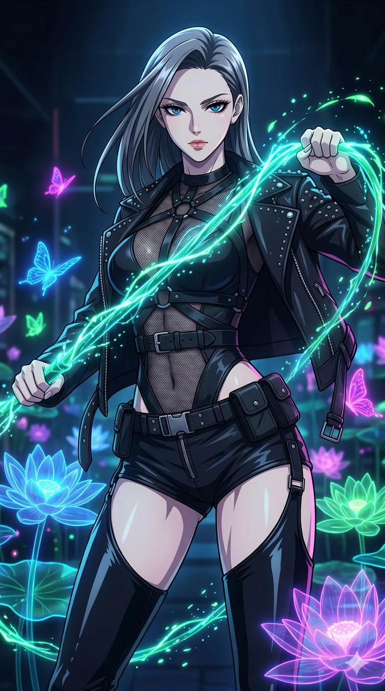 score_9, masterpiece, best quality, ultra-detailed, High-budget Anime Keyframe, vibrant colors, fluid line-art, expressive lighting, cinematic composition, Ufotable-style visual effects, top-tier animation quality, Caucasian woman with pale skin and refined features. Upper body close-up from the thighs up, character filling the screen for maximum presence. Wielding a glowing vine whip that crackles with bioluminescent energy, devoid of thorns. She has an absolutely perfect 8-heads proportion, an exceptionally tall and slender female figure with impossibly long slender legs and an ultra-slim waist, her statuesque height and towering silhouette dominating the vertical 9:16 frame. Her face is a masterpiece featuring a sharp v-shaped jawline, high-bridge nose, intricate jewel-like eyes with depth, thick eyelashes, and glossy lips with a natural sheen. She is wearing a Leather harness over a mesh bodysuit with zip-up micro-shorts and tactical belts, studded biker jacket draped over shoulders, and thigh-high patent leather boots, featuring strategic side cut-outs.. The scene is set in a digital garden filled with holographic lotus flowers and neon butterflies. 2k, ultra detail, master piece, 9:16 ratio