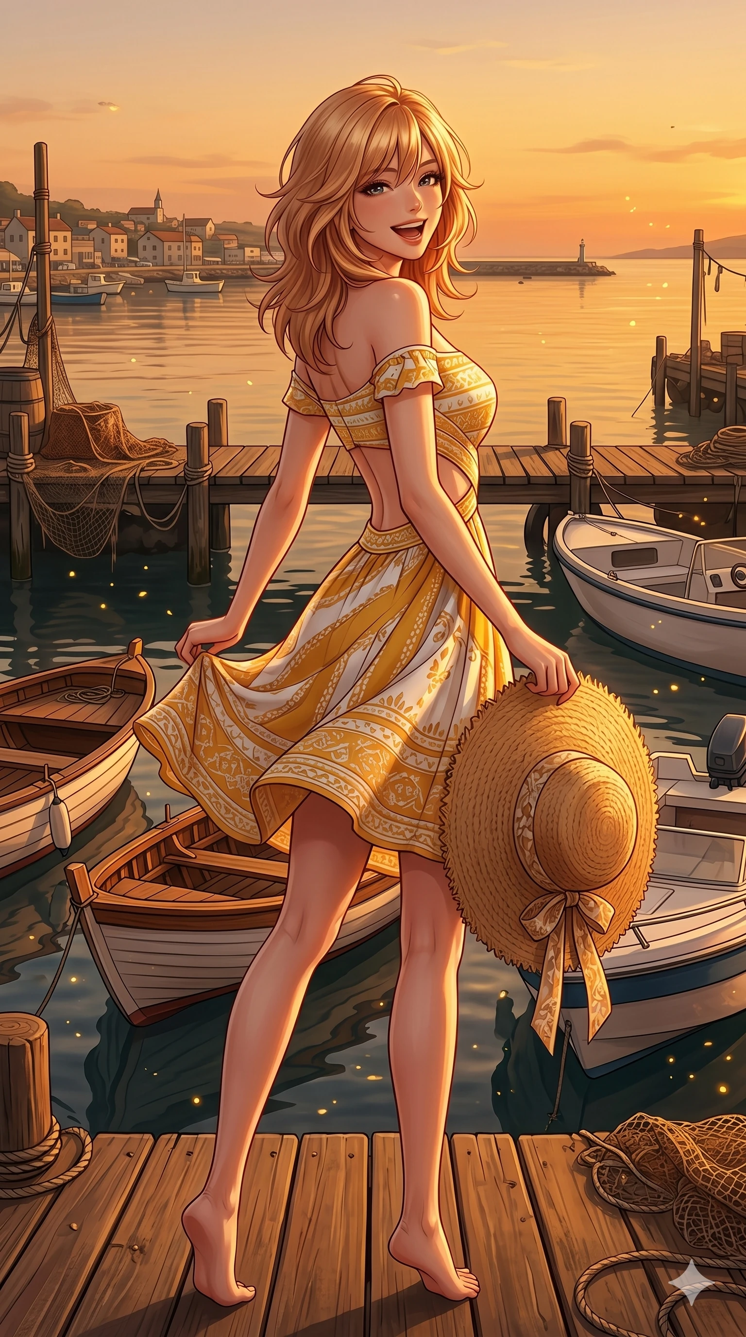 score_9, masterpiece, best quality, ultra-detailed, high-budget anime keyframe, editorial fashion photography, tasteful artistic composition, Japanese woman. cowboy shot from the thighs up, character and outfit filling the frame for maximum editorial presence. holding a sun hat, looking back with a bright, playful laugh standing on a wooden dock with small boats moored nearby. She has an absolutely perfect 8-heads proportion, an exceptionally tall and slender female figure with impossibly long slender legs and an ultra-slim waist. V-shaped jawline, high-bridge nose, intricate jewel-like eyes with depth, thick eyelashes, glossy lips with a natural sheen. wearing a yellow and white cotton wrap dress with a tasteful side cutout and bare shoulders. drenched in warm golden hour light casting a rich amber glow over the harbor. 2k, ultra detail, master piece, 9:16 ratio