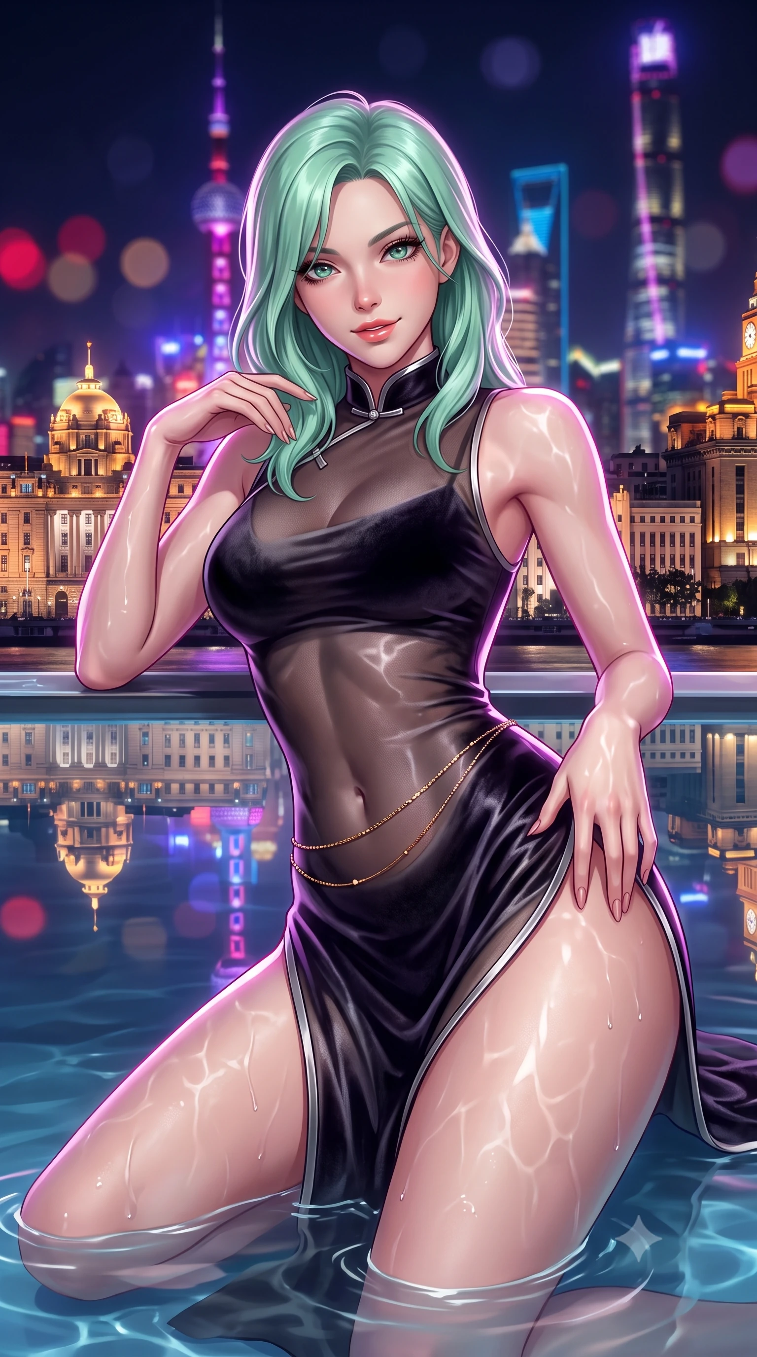 score_9, masterpiece, best quality, ultra-detailed, high-budget anime keyframe, semi-realistic 3D game render, editorial fashion photography, tasteful artistic composition, Japanese woman. close-up cowboy shot from the waist and thighs up, the character dominates the composition, filling the frame with her large presence. tilting her head with a teasing half-smile, running one hand slowly down the side of her hip in a flirtatious S-curve as ambient light caresses her silhouette while lounging gracefully in the shallow heated pool propped on one elbow, her statuesque 8.5-heads silhouette commanding the nocturnal mega-city vista. The background shows a soft-focus neon Pudong skyscrapers reflecting upside-down in calm pool water, rain-slicked Bund colonial buildings, and dark night sky blurred into ruby, electric violet, and gold bokeh. She has an exceptionally elegant, slender, and willowy female figure with an ultra-slim waist, flat toned midriff, narrow ribcage, and sculpted feminine hips creating an alluring, slim hourglass silhouette without bulk. sharp v-shaped jawline, high-bridge nose, sparkling eyes with hypnotic seductive depth, thick curled eyelashes, glossy parted lips with a natural dewy peach sheen, alluring bedroom-eyes with an enchanting coquettish smile, exuding magnetic siren charisma and sophisticated glamour, flawlessly proportioned anatomical accuracy, strict slender model proportions, natural body alignment, perfectly sculpted long slender limbs, ultra-slim waistline, clean dynamic posture without body distortion. wearing a modern cheongsam-inspired form-fitting sheer mesh cocktail dress with mandarin collar and dramatic hip-high side slits in smoky charcoal and metallic platinum, tailored from ultra-plush velvet with rich tactile depth and deep shadow gradients, accented with a dainty gold belly chain resting across her flat midriff and curving hips, the form-contouring silhouette accentuating her sculpted flat midriff, narrow delicate ribcage, and gracefully curvy hips with intoxicating allure. illuminated by water ripple caustics and sharp platinum-magenta rim lights defining her delicate clavicles, ultra-slim waist, and curvy hips. highly saturated vibrant anime colors, detailed shading with soft gradients, rich glossy textures, high-contrast stereoscopic depth, volumetric dynamic lighting, master piece, 9:16 ratio