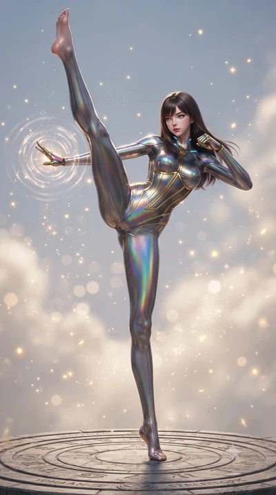 score_9, masterpiece, best quality, ultra-detailed, high-budget anime keyframe, editorial fashion photography, tasteful artistic composition, Korean woman. low angle full-body shot from head to toe showing her feet, filling the entire 9:16 vertical f