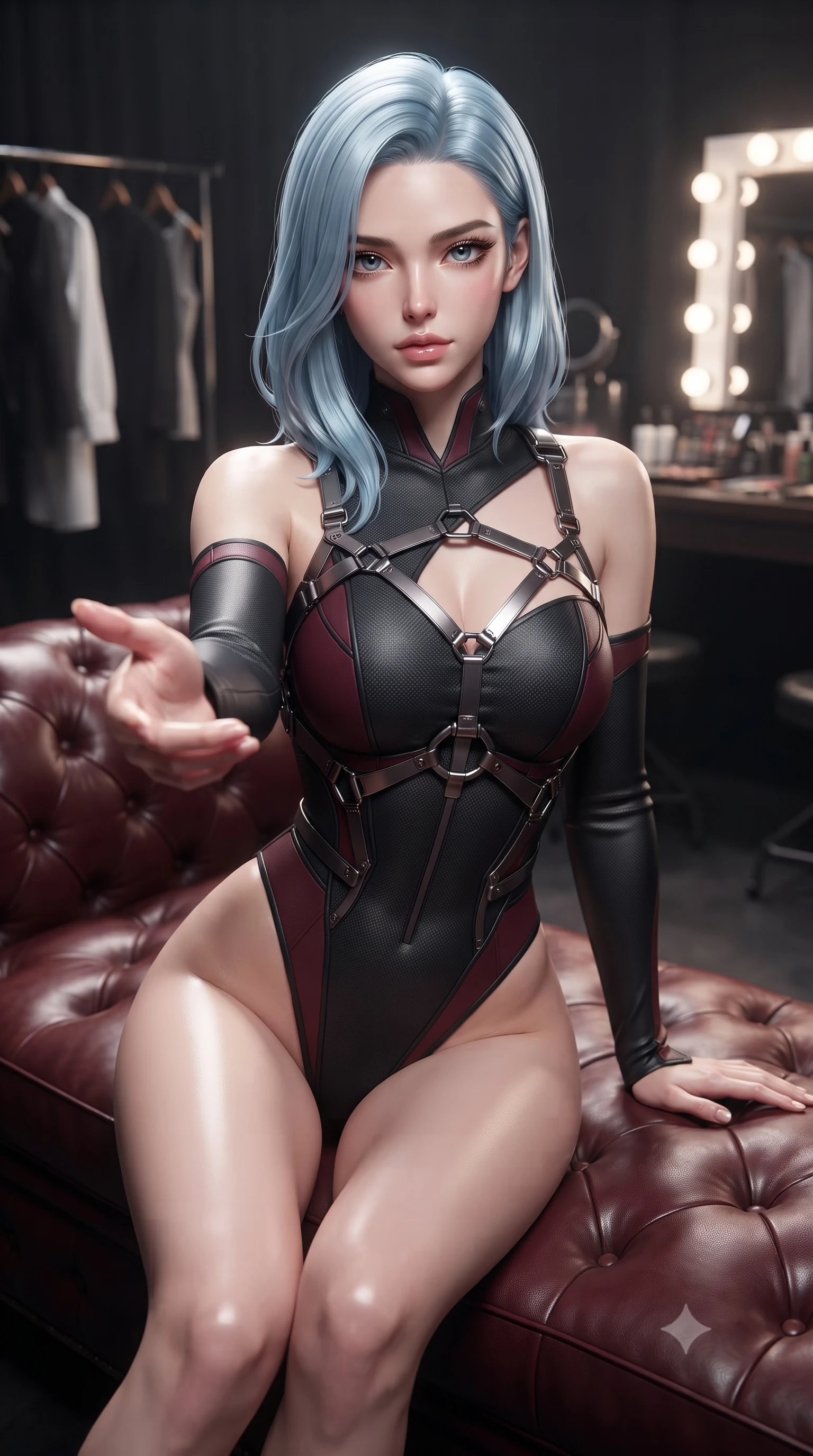 score_9, masterpiece, best quality, ultra-detailed, high-budget anime keyframe, editorial fashion photography, tasteful artistic composition, Korean woman. close-up cowboy shot from the waist and thighs up, the character dominates the composition, filling the frame with her large presence, background elements kept in soft focus. Reaching one hand toward the viewer with relaxed sensual elegance, resting on a leather chaise in a secluded backstage fashion suite, sharp v-shaped jawline and glossy lips glinting under key studio rays. She has an exceptionally elegant, slender, and willowy female figure with an ultra-slim waist, a gracefully sculpted slender torso, and a refined silhouette. sharp v-shaped jawline, high-bridge nose, intricate jewel-like eyes with depth, thick eyelashes, glossy lips with a natural sheen. wearing asymmetric high-cut cyber-bodysuit with detached sleeves in onyx black in deep crimson burgundy, made of matte carbon-fiber weave, highlighted by a gunmetal metallic harness structure, highlighting her statuesque proportions and ultra-slim waistline. lit by bright key rays highlighting her composed facial features. ultra-reflective glossy finish, specular highlights, metallic sheen, high-contrast stereoscopic depth, volumetric dynamic lighting, 2k, ultra detail, master piece, 9:16 ratio