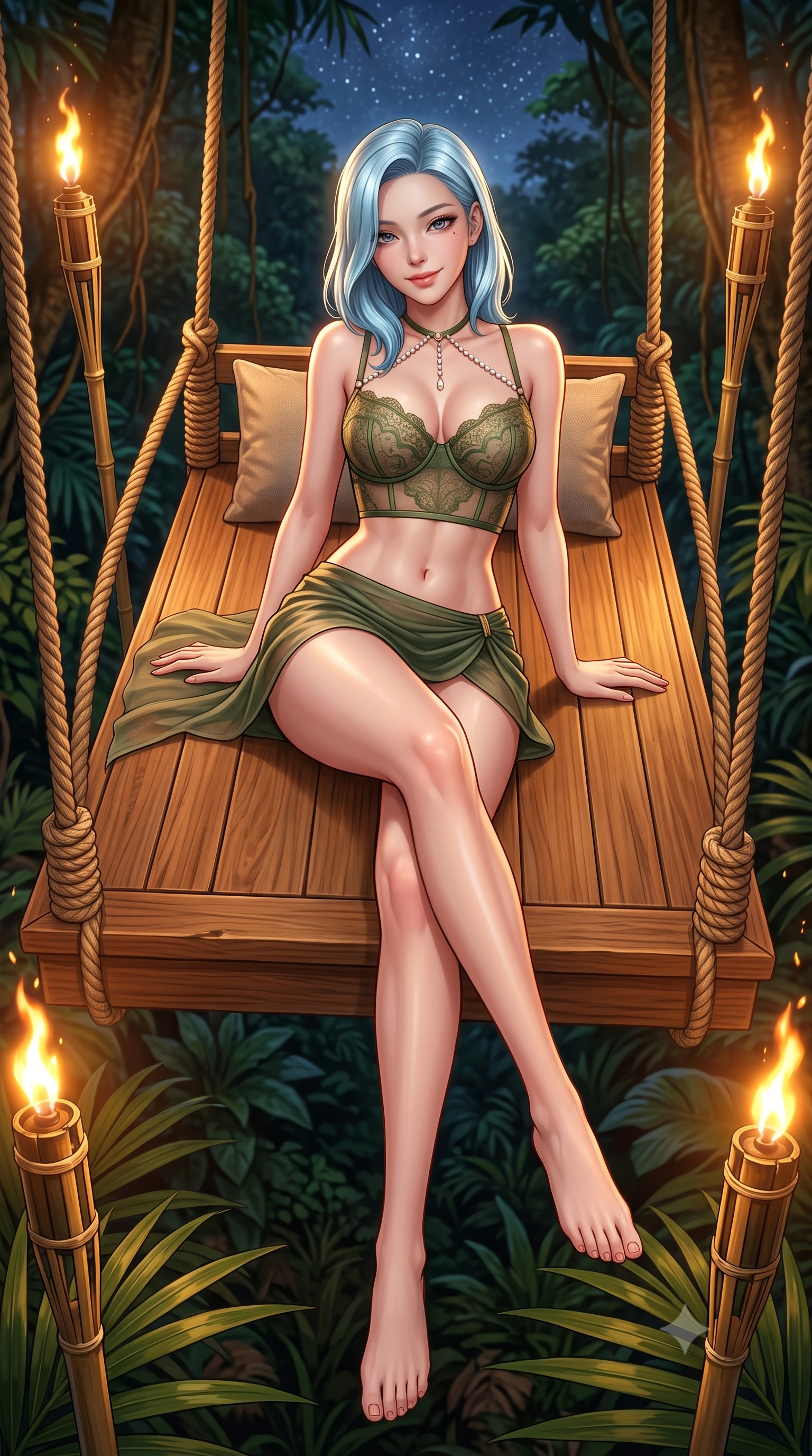 score_9, masterpiece, best quality, ultra-detailed, high-budget anime keyframe, semi-realistic 3D game render, editorial fashion photography, tasteful artistic composition, Korean woman. low angle full-body shot from head to toe showing her feet, filling the entire 9:16 vertical frame with her statuesque presence, stretching her vertical silhouette. lounging on the lavish daybed with legs crossed and hips angled toward the camera, displaying her toned midriff and long slender limbs with effortless siren poise while lounging across the suspended oversized teak daybed floating high in the jungle canopy, arching her lower back to emphasize her curvy hips with effortless poise. The surrounding environment is rendered in vivid detail and crisp panoramic clarity: sharp teak wood plank grain, thick natural manila rope fibers, and flickering torch bamboo joints in deep focus. She has an absolutely perfect, statuesque 8.5-heads proportion, an exceptionally tall and slender model-like female figure with impossibly long slender legs, an ultra-slim waist, a flat toned midriff, narrow delicate ribcage, and beautifully sculpted feminine hips creating a graceful, slim hourglass silhouette without any bulky heaviness. sharp v-shaped jawline, high-bridge nose, sparkling eyes with hypnotic seductive depth, thick curled eyelashes, glossy parted lips with a natural dewy peach sheen, alluring bedroom-eyes with an enchanting coquettish smile, exuding magnetic siren charisma and sophisticated glamour, flawlessly proportioned anatomical accuracy, strict slender model proportions, natural body alignment, perfectly sculpted long slender limbs, ultra-slim waistline, clean dynamic posture without body distortion. wearing a sculpted underwire demi-bustier in semi-sheer lace paired with an ultra-short draped tulip skirt in Arashiyama moss green and antique bronze, made of delicate semi-sheer French Chantilly lace with intricate eyelash edges, accented with a pearl-drop body harness subtly framing her dewy collarbones and spine, the liquid-tight tailored fabric clinging flawlessly to her narrow waist and rounded feminine hips, emphasizing every millimeter of her sculpted slim hourglass curves without any bulky heaviness. bathed in the rich dynamic golden-orange glow of real outdoor bamboo oil torches combined with celestial starlight. highly saturated vibrant anime colors, detailed shading with soft gradients, rich glossy textures, high-contrast stereoscopic depth, volumetric dynamic lighting, master piece, 9:16 ratio