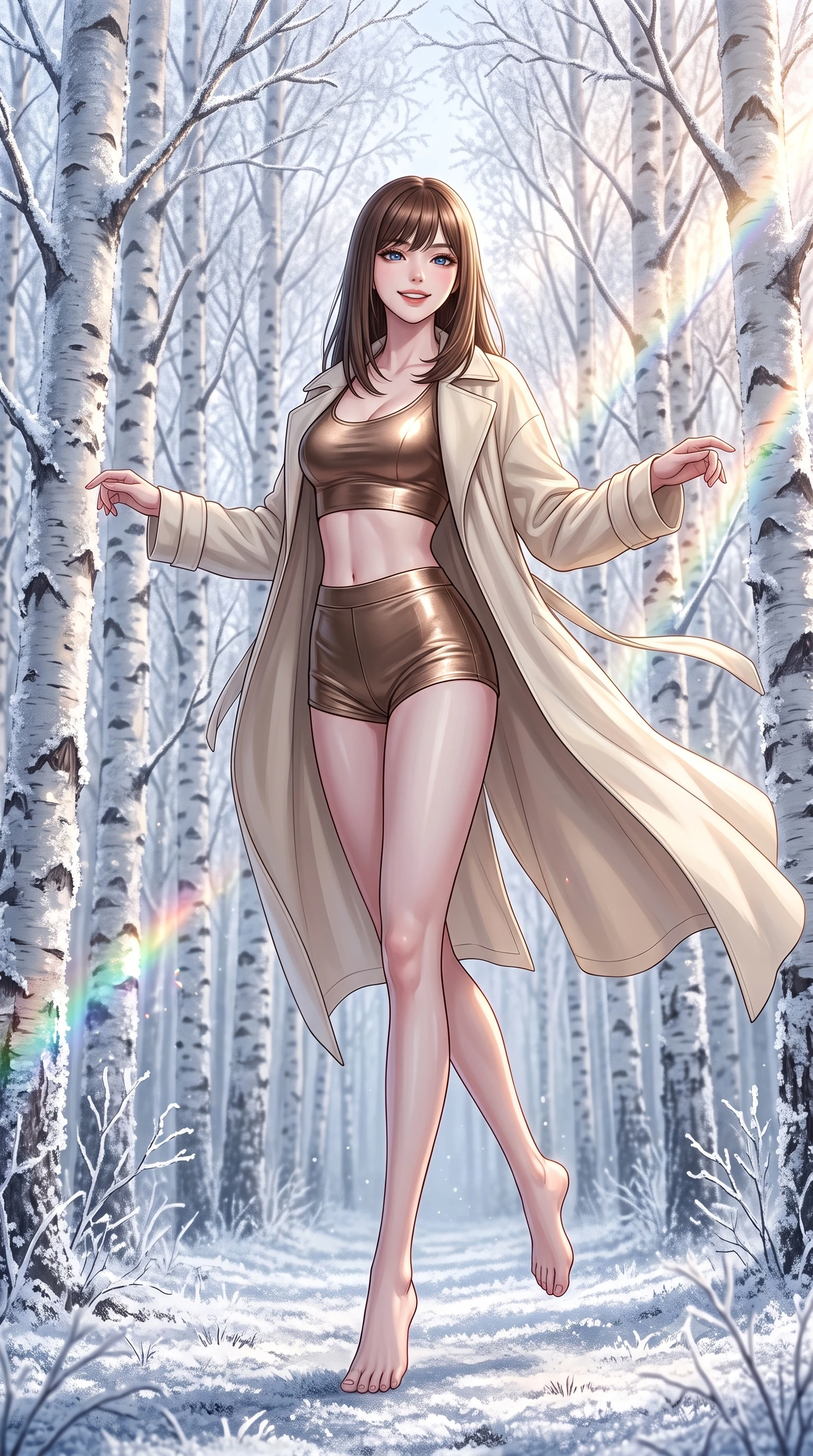 score_9, masterpiece, best quality, ultra-detailed, high-budget anime keyframe, editorial fashion photography, tasteful artistic composition, Korean woman. low angle full-body shot from head to toe showing her feet, filling the entire 9:16 vertical frame with her statuesque presence, stretching her vertical silhouette. dancing with weightless, happy grace through walking through a quiet white birch grove where every twig is coated in a thick layer of crystal frost at sunrise. She has a statuesque 8.5-heads proportion, an exceptionally tall, slender and willowy model-like build with impossibly long legs and a highly sculpted ultra-slim waist. sharp v-shaped jawline, high-bridge nose, intricate jewel-like eyes with depth, thick eyelashes, glossy lips with a natural sheen. wearing a metallic bronze crop top paired with high-waisted matching micro-shorts, under a flowing cream trench coat. cold morning sunbeams cutting through the birch trees, creating a sparkling prismatic glare on the frosted forest. 2k, ultra detail, master piece, 9:16 ratio