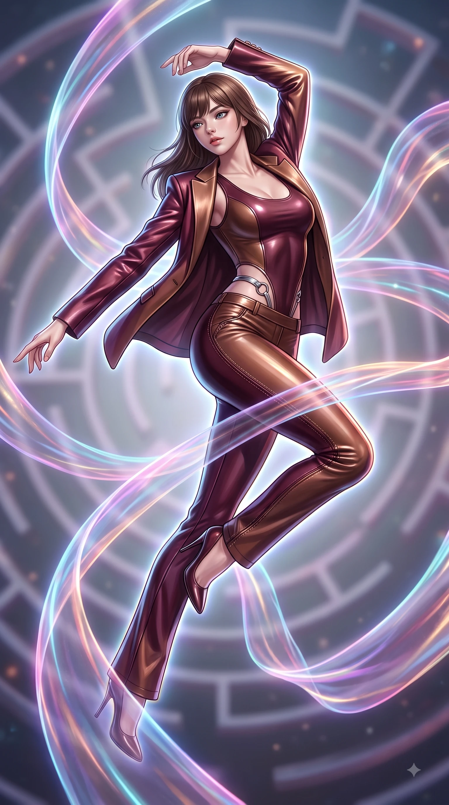 score_9, masterpiece, best quality, ultra-detailed, high-budget anime keyframe, editorial fashion photography, tasteful artistic composition, Korean woman. low angle full-body shot from head to toe showing her feet, filling the entire 9:16 vertical frame with her statuesque presence, stretching her vertical silhouette. performing an athletic mid-air rotation with flawless poise, her vertical silhouette beautifully stretched while navigating a maze of glowing silk ribbons that pulse to a cosmic rhythm with effortless grace, translucent silk ribbons swirling around her body like light streams. She has an absolutely perfect, statuesque 8.5-heads proportion, an exceptionally tall and slender model-like female figure with impossibly long slender legs and an ultra-slim waist. sharp v-shaped jawline, high-bridge nose, intricate jewel-like eyes with depth, thick eyelashes, glossy lips with a natural sheen, flawlessly proportioned anatomical accuracy, natural body alignment, perfectly sculpted elegant limbs, clean dynamic posture without body distortion. wearing a tailored silk blazer over a form-contouring scoop-neck top and slacks in deep burgundy and bronze, formed from sleek second-skin neoprene, accented with delicate chrome ring hardware framing her waist, the form-contouring material highlighting her ultra-slim waist and long lines. surrounded by a vibrant fluorescent aura with bright specular rim lights. ultra-reflective glossy finish, specular highlights, metallic sheen, high-contrast stereoscopic depth, volumetric dynamic lighting, 2k, ultra detail, master piece, 9:16 ratio