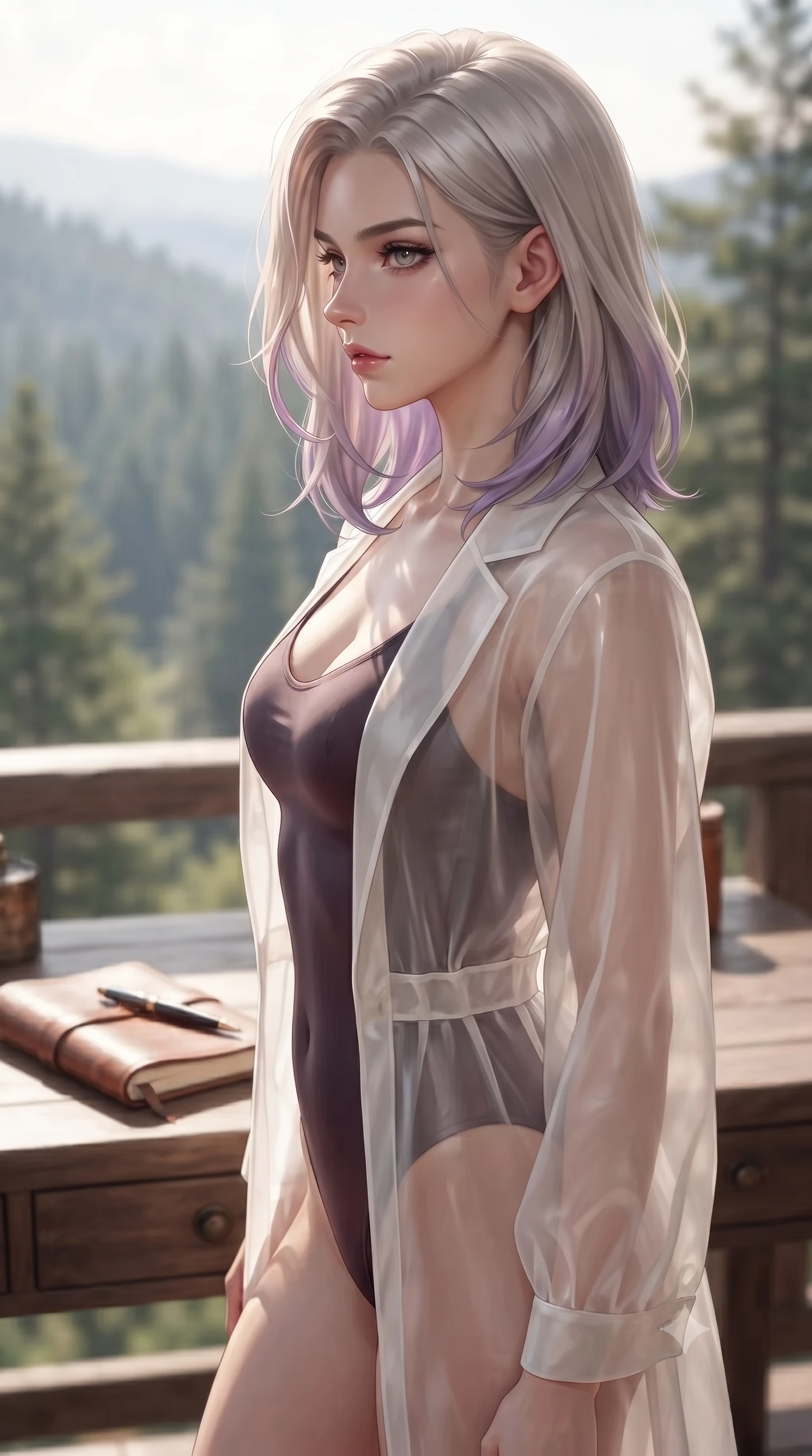 score_9, masterpiece, best quality, ultra-detailed, high-budget anime keyframe, editorial fashion photography, tasteful artistic composition, Caucasian woman. close-up cowboy shot from the waist and thighs up, the character dominates the composition, filling the frame with her large presence, background elements kept in soft focus. turning her face in sharp profile, casting a cold, mysterious, yet intensely alluring side gaze, the background shows a soft-focus a quiet writing desk on a glamping veranda facing a pine-covered valley. She has an exceptionally elegant, slender, and willowy female figure with an ultra-slim waist, a gracefully sculpted slender torso, and a refined silhouette. sharp v-shaped jawline, high-bridge nose, intricate jewel-like eyes with depth, thick eyelashes, glossy lips with a natural sheen. wearing a tailored sheer white organza resort cover-up worn over a form-fitting one-piece swimsuit, showing her elegant clavicle lines. bright morning sun rays creating fresh and energetic shadows. ultra-reflective glossy finish, specular highlights, metallic sheen, high-contrast stereoscopic depth, volumetric dynamic lighting, 2k, ultra detail, master piece, 9:16 ratio