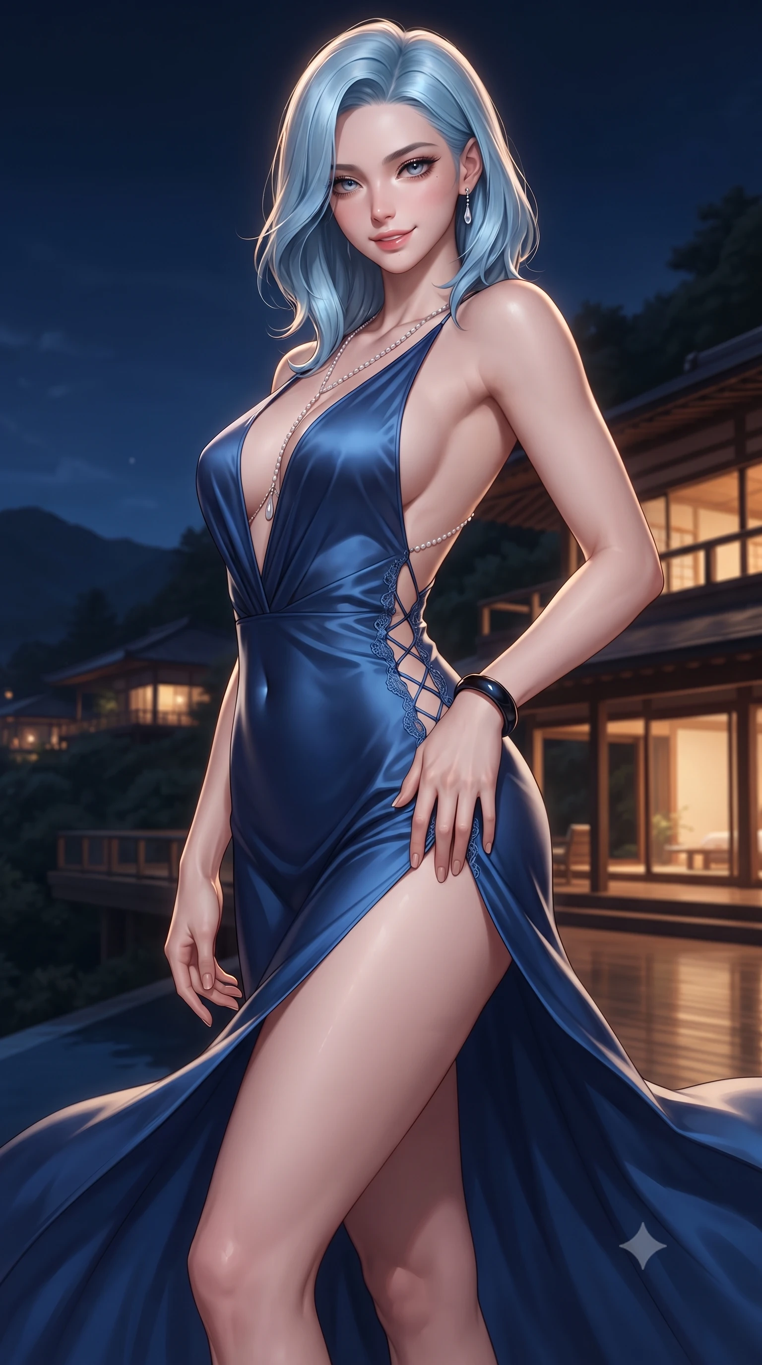 score_9, masterpiece, best quality, ultra-detailed, high-budget anime keyframe, editorial fashion photography, tasteful artistic composition, Korean woman. close-up cowboy shot from the waist and thighs up, the character dominates the composition, filling the frame with her large presence. tilting her head with a teasing half-smile, running one hand slowly down the side of her hip in a flirtatious S-curve as ambient light caresses her silhouette while twisting her slender torso in an alluring S-curve, cool mountain night breezes fluttering her dress around her long slender legs and curvy hips. The surrounding environment is rendered in vivid detail and crisp panoramic clarity: detailed plunging cowl-neck liquid silk gown drape, obsidian wrist bangle gleam, and Japanese hillside villa design in high resolution. She has an exceptionally elegant, slender, and willowy female figure with an ultra-slim waist, flat toned midriff, narrow ribcage, and sculpted feminine hips creating an alluring, slim hourglass silhouette without bulk. sharp v-shaped jawline, high-bridge nose, sparkling eyes with hypnotic seductive depth, thick curled eyelashes, glossy parted lips with a natural dewy peach sheen, alluring bedroom-eyes with an enchanting coquettish smile, exuding magnetic siren charisma and sophisticated glamour, flawlessly proportioned anatomical accuracy, strict slender model proportions, natural body alignment, perfectly sculpted long slender limbs, ultra-slim waistline, clean dynamic posture without body distortion. wearing a plunging V-neck fine rib-knit sweater dress with daring side-lace openings tracing her hip curve in Monte Carlo sapphire and liquid platinum, crafted from fluid liquid silk satin that clings smoothly to every curve with a dewy sheen, accented with a pearl-drop body harness subtly framing her dewy collarbones and spine, the liquid-tight tailored fabric clinging flawlessly to her narrow waist and rounded feminine hips, emphasizing every millimeter of her sculpted slim hourglass curves without any bulky heaviness. illuminated by polished cedar reflection bounce and sharp platinum-gold rim lights sculpting her razor-sharp jawline, narrow waist, and curvy hips. ultra-reflective glossy finish, specular highlights, rich textural contrasts, high-contrast stereoscopic depth, volumetric dynamic lighting, 2k, ultra detail, master piece, 9:16 ratio