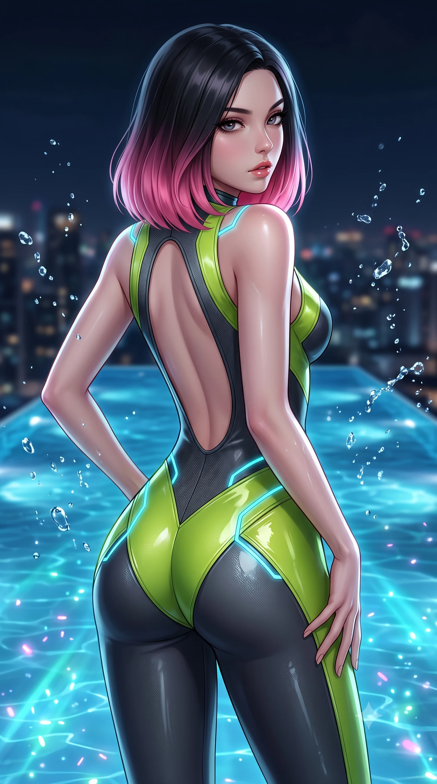 score_9, masterpiece, best quality, ultra-detailed, high-budget anime keyframe, semi-realistic 3D game render, editorial fashion photography, tasteful artistic composition, Korean woman. close-up cowboy shot from the waist and thighs up, the character dominates the composition, filling the frame with her large presence. arching her spine backward with effortless dancer poise, one hand sliding along her hip line as directional light carves specular highlights along her silhouette while standing at the infinity pool edge with her back to the camera, twisting her torso to cast a smoldering, dangerous look over her shoulder. The composition keeps background elements in soft focus with creamy bokeh. splashing water droplets and underwater LED light rays scattering shimmering neon light motes. She has an exceptionally elegant, slender, and willowy female figure with an ultra-slim waist, a gracefully sculpted slender torso, toned flat midriff, and rounded feminine hips creating an alluring hourglass silhouette. sharp v-shaped jawline, high-bridge nose, intricate jewel-like eyes with depth, thick eyelashes, glossy parted lips with a natural sheen, intensely captivating and seductive bedroom-eyes expression, flawlessly proportioned anatomical accuracy, strict slender model proportions, natural body alignment, perfectly sculpted long slender limbs, ultra-slim waistline, clean dynamic posture without body distortion. wearing a second-skin cybernetic catsuit with keyhole back and wet-look vinyl hip panels in acid lime green and dark carbon grey, made of breathable technical athletic mesh and liquid-finish track nylon, accented with glowing cyan LED circuit lines tracing her hip bones and collarbones, the liquid-tight tailored fabric clinging flawlessly to her narrow waist and rounded feminine hips, emphasizing every millimeter of her sculpted hourglass curves during movement. surrounded by an electrifying, hypnotic, and irresistibly provocative nightlife goddess aura. highly saturated vibrant anime colors, detailed shading with soft gradients, rich glossy textures, high-contrast stereoscopic depth, volumetric dynamic lighting, master piece, 9:16 ratio