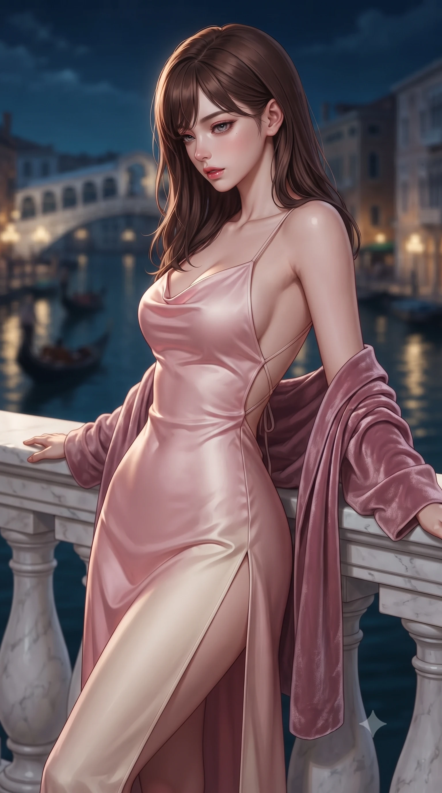 score_9, masterpiece, best quality, ultra-detailed, high-budget anime keyframe, editorial fashion photography, tasteful artistic composition, Korean woman. close-up cowboy shot from the waist and thighs up, the character dominates the composition, filling the frame with her large presence. leaning back with relaxed seductive grace, her sculpted collarbones and narrow waist highlighted as she casts smoldering bedroom-eyes directly into the camera while leaning against the marble balustrade of a Grand Canal palazzo with hips cocked back, gazing down at the passing gondolas with seductive bedroom-eyes. The composition keeps background elements in soft focus with creamy bokeh. moonlit Grand Canal waters and distant Venetian palazzo arches blurred into deep sapphire, antique gold, and emerald bokeh. She has an exceptionally elegant, slender, and willowy female figure with an ultra-slim waist, flat toned midriff, narrow ribcage, and sculpted feminine hips creating an alluring, slim hourglass silhouette without bulk. sharp v-shaped jawline, high-bridge nose, intricate jewel-like eyes with depth, thick eyelashes, glossy parted lips with a natural sheen, intensely captivating and seductive bedroom-eyes expression, flawlessly proportioned anatomical accuracy, strict slender model proportions, natural body alignment, perfectly sculpted long slender limbs, ultra-slim waistline, clean dynamic posture without body distortion. wearing a backless cowl-neck satin slip dress featuring high-cut side hip slits and delicate criss-cross back straps in sakura blossom pink and warm ivory, crafted from second-skin supple lambskin leather with liquid drape, complemented by a plush velvet shawl draped loosely over her elbows, the dramatically scooped open back descending to the base of her spine, accentuating her razor-sharp statuesque lines and slim hourglass silhouette. illuminated by crisp specular highlights defining her slender neckline, ultra-slim waist, and curvy hips. ultra-reflective glossy finish, specular highlights, rich textural contrasts, high-contrast stereoscopic depth, volumetric dynamic lighting, 2k, ultra detail, master piece, 9:16 ratio