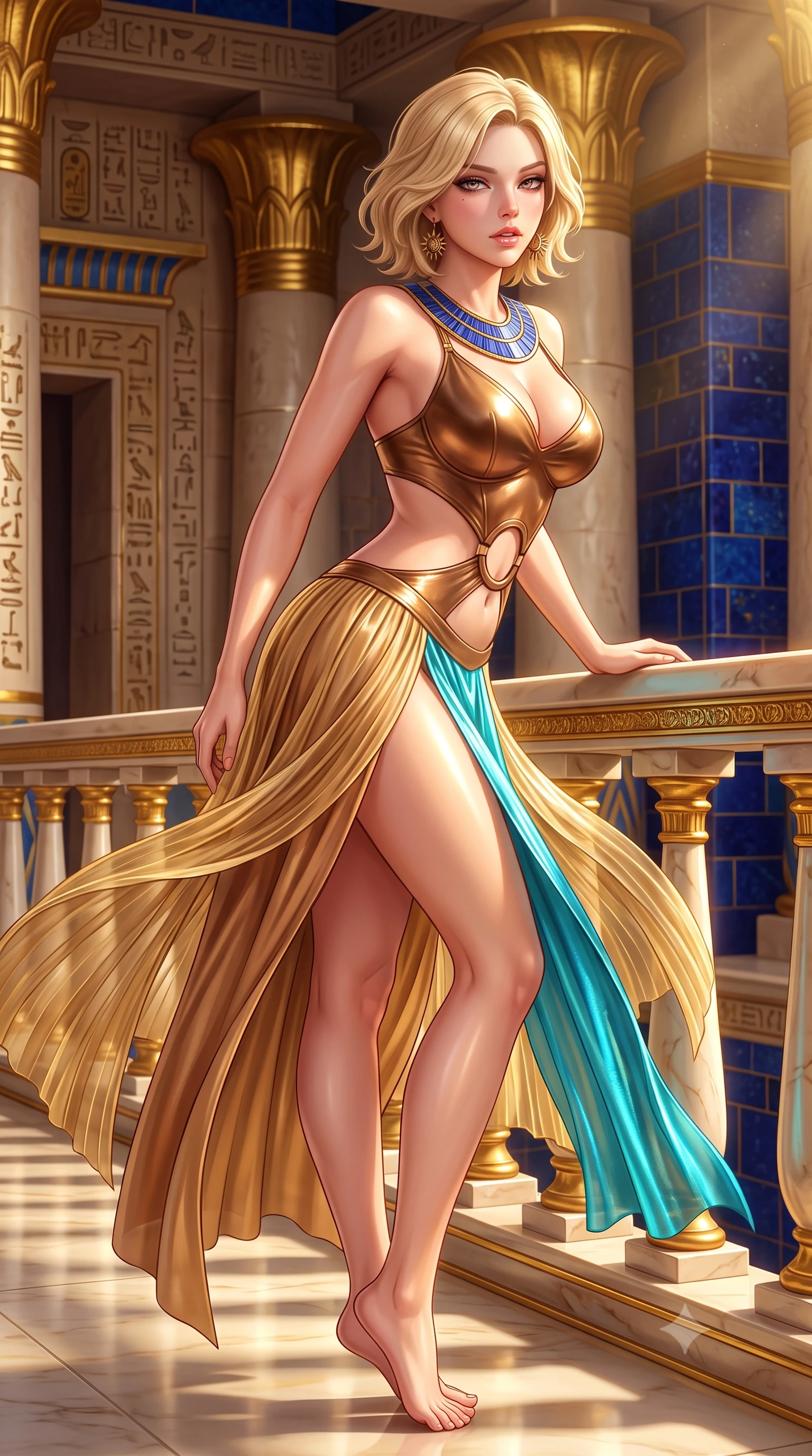 score_9, masterpiece, best quality, ultra-detailed, high-budget anime keyframe, semi-realistic 3D game render, editorial fashion photography, tasteful artistic composition, Caucasian woman. close-up cowboy shot from the waist and thighs up, the character dominates the composition, filling the frame with her large presence. leaning forward against the polished railing with her hips cocked back, creating an intoxicating curve from her narrow waist to sculpted hips as she gazes back into the lens while pivoting gracefully on the polished alabaster temple floor, her sheer pleated gold drapery swirling around her statuesque hips and long legs. The surrounding environment is rendered in vivid detail and crisp panoramic clarity. sharp hieroglyphic wall carvings, gold leaf column capitals, and deep blue lapis lazuli tile in deep focus. She has an exceptionally elegant, slender, and willowy female figure with an ultra-slim waist, a gracefully sculpted slender torso, toned flat midriff, and rounded feminine hips creating an alluring hourglass silhouette. sharp v-shaped jawline, high-bridge nose, intricate jewel-like eyes with depth, thick eyelashes, glossy parted lips with a natural sheen, intensely captivating and seductive bedroom-eyes expression, flawlessly proportioned anatomical accuracy, strict slender model proportions, natural body alignment, perfectly sculpted long slender limbs, ultra-slim waistline, clean dynamic posture without body distortion. wearing a sculptured metallic bronze bustier dress with an open-waist ring cutout and flowing high-slit sarong skirt in desert sand bronze and radiant turquoise, crafted from liquid-smooth metallic lamé that shifts radiance with every step, complemented by a broad lapis lazuli collar necklace and sunburst earrings, the precision-cut side openings and low-back scoop framing her graceful spine and the sensual sweep of her hips. illuminated by intense golden specular reflections sculpting her bare collarbones, ultra-slim waist, and curvy hips. highly saturated vibrant anime colors, detailed shading with soft gradients, rich glossy textures, high-contrast stereoscopic depth, volumetric dynamic lighting, master piece, 9:16 ratio