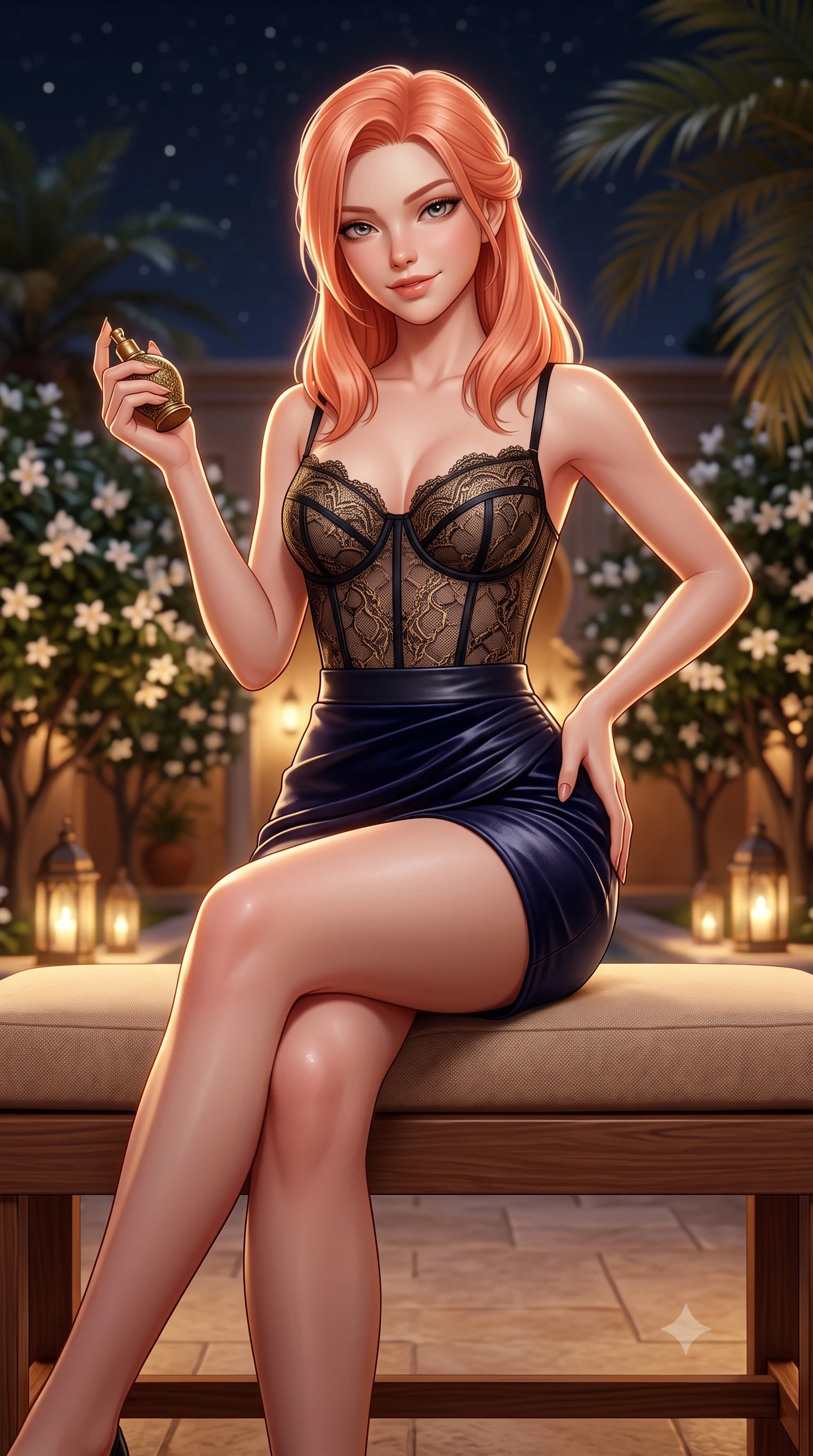 score_9, masterpiece, best quality, ultra-detailed, high-budget anime keyframe, semi-realistic 3D game render, editorial fashion photography, tasteful artistic composition, Japanese woman. close-up cowboy shot from the waist and thighs up, the character dominates the composition, filling the frame with her large presence. tilting her head with a teasing half-smile, running one hand slowly down the side of her hip in a flirtatious S-curve as ambient light caresses her silhouette while sitting poised on the low cushioned cedar bench with legs crossed, holding a brass perfume vial with dangerous coquettish allure. The background shows a soft-focus blooming white orange blossom trees in courtyard below, flickering lantern glows among palm fronds, and starry sky blurred into honey, ivory, and obsidian bokeh. She has an exceptionally elegant, slender, and willowy female figure with an ultra-slim waist, flat toned midriff, narrow ribcage, and sculpted feminine hips creating an alluring, slim hourglass silhouette without bulk. sharp v-shaped jawline, high-bridge nose, sparkling eyes with hypnotic seductive depth, thick curled eyelashes, glossy parted lips with a natural dewy peach sheen, alluring bedroom-eyes with an enchanting coquettish smile, exuding magnetic siren charisma and sophisticated glamour, flawlessly proportioned anatomical accuracy, strict slender model proportions, natural body alignment, perfectly sculpted long slender limbs, ultra-slim waistline, clean dynamic posture without body distortion. wearing a sculpted underwire demi-bustier in semi-sheer lace paired with an ultra-short draped tulip skirt in Austrian opera midnight indigo and antique brass, woven from buttery-soft stretch lambskin leather adhering to her body like a second skin, finished with scalloped eyelash lace trim framing her sweetheart neckline with intimate elegance, the form-contouring silhouette accentuating her sculpted flat midriff, narrow delicate ribcage, and gracefully curvy hips with intoxicating allure. illuminated by warm interior lantern bounce and sharp silver-gold rim lights defining her razor-sharp jawline, narrow waist, and curvy hips. highly saturated vibrant anime colors, detailed shading with soft gradients, rich glossy textures, high-contrast stereoscopic depth, volumetric dynamic lighting, master piece, 9:16 ratio