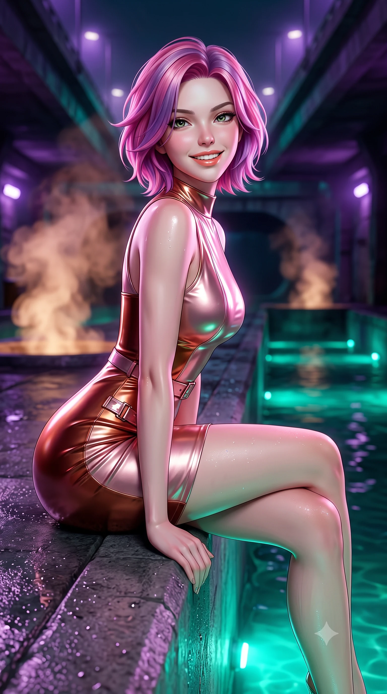 score_9, masterpiece, best quality, ultra-detailed, high-budget anime keyframe, semi-realistic 3D game render, editorial fashion photography, tasteful artistic composition, Caucasian woman. close-up cowboy shot from the waist and thighs up, the character dominates the composition, filling the frame with her large presence. perched sideways on the lounge seat, one knee drawn up to showcase her slender leg line while her arched back accentuates her feminine hip curve while sitting poised on the sleek concrete canal ledge with one knee bent, arching her back with playful elegance and parted glossy lips. The background shows a soft-focus swirling warm steam from canal vents softened in subterranean urban waterway shallow focus. She has an exceptionally elegant, slender, and willowy female figure with an ultra-slim waist, flat toned midriff, narrow ribcage, and sculpted feminine hips creating an alluring, slim hourglass silhouette without bulk. sharp v-shaped jawline, high-bridge nose, intricate jewel-like sparkling eyes with depth, thick eyelashes, glossy parted lips with a natural peach sheen, bright cheerful beaming smile with an enchanting and coquettish sensual glint, exuding both youthful cute charm and seductive allure, flawlessly proportioned anatomical accuracy, strict slender model proportions, natural body alignment, perfectly sculpted long slender limbs, ultra-slim waistline, clean dynamic posture without body distortion. wearing an ultra-sleek high-gloss patent leather sheath dress contouring her ultra-slim waistline and feminine hips in high-gloss rose-gold and burnished copper, crafted from fluid liquid silk satin that clings smoothly to her narrow waist and rounded hips with a dewy sheen, finished with sleek magnetic buckle closures fluttering in the breeze, the second-skin tailored fabric adhering flawlessly to her sculpted flat midriff and slender torso, emphasizing her long leg lines and perfectly proportioned willowy build. bathed in vivid emerald-cyan underwater LEDs combined with ambient violet floodlights from the highway bridges. highly saturated vibrant anime colors, detailed shading with soft gradients, rich glossy textures, high-contrast stereoscopic depth, volumetric dynamic lighting, master piece, 9:16 ratio