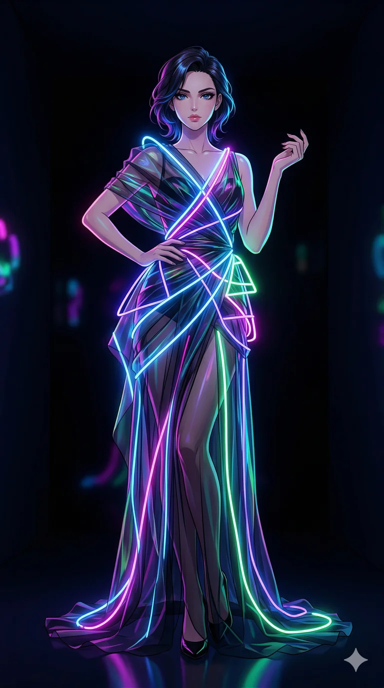 score_9, masterpiece, best quality, ultra-detailed, high-budget anime keyframe, an incredibly beautiful Caucasian woman (strictly human ears). Full-body shot stretching the vertical silhouette, dominating the 9:16 frame. She is a living art installation. She possesses a statuesque height and a towering silhouette, highlighting her long slender legs and perfect 8-heads proportion. Her face is a flawless masterpiece with a sharp v-shaped jawline, high-bridge nose, expressive jewel-like eyes, thick eyelashes, and perfectly glossy lips. She is wearing a sensual sheer fabric gown wrapped in glowing neon tubes. A pitch-black room illuminated only by the neon lights on her body., 2k, ultra detail, master piece, 9:16 ratio