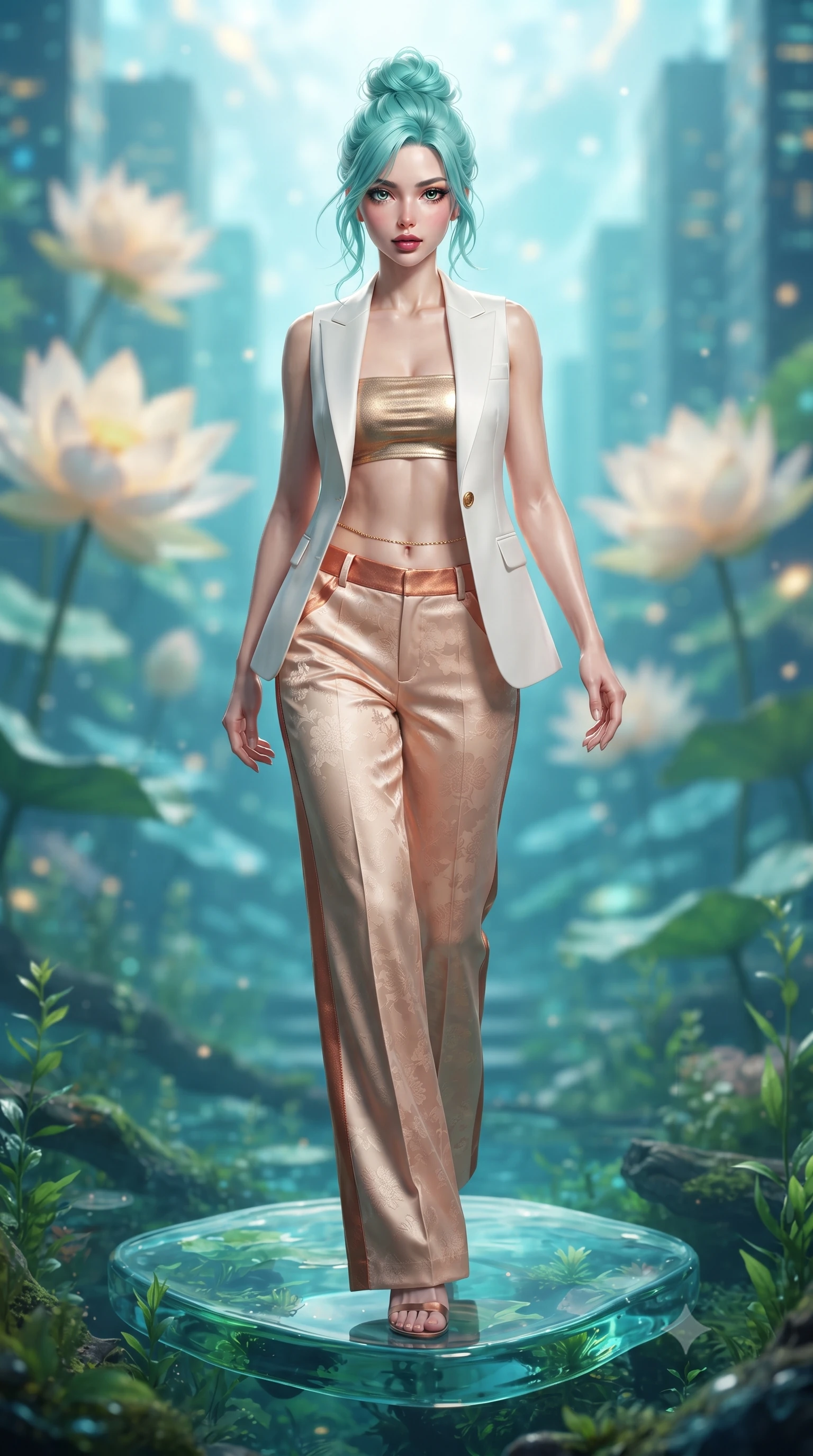 score_9, masterpiece, best quality, ultra-detailed, high-budget anime keyframe, editorial fashion photography, tasteful artistic composition, Japanese woman. low angle full-body shot from head to toe showing her feet, filling the entire 9:16 vertical frame with her statuesque presence, stretching her vertical silhouette. striding forward in a proud, dynamic supermodel runway stride, hips swaying in an alluring kinetic rhythm that stretches her silhouette while standing poised on a floating glass stepping stone above the emerald biosphere, displaying her flawless slender proportions. The composition keeps background elements in soft focus with creamy bokeh. giant floating lotus blossoms and distant vertical forest skyscrapers blurred into crystalline turquoise, gold, and azure bokeh. She has an absolutely perfect, statuesque 8.5-heads proportion, an exceptionally tall and slender model-like female figure with impossibly long slender legs, a toned flat midriff, and an ultra-slim waist. sharp v-shaped jawline, high-bridge nose, intricate jewel-like eyes with depth, thick eyelashes, glossy parted lips with a natural sheen, intensely captivating and seductive expression, flawlessly proportioned anatomical accuracy, strict slender model proportions, natural body alignment, perfectly sculpted long slender limbs, ultra-slim waistline, clean dynamic posture without body distortion. wearing a tailored white solar-fiber tuxedo vest worn open over a metallic gold bandeau top and wide slacks in light terracotta and metallic copper accents, tailored from smooth liquid silk satin with subtle floral jacquard, accented with an ultra-slim golden waist chain accentuating her flat midriff, the precision-cut architectural openings accentuating her delicate midriff, graceful bare collarbones, and feminine curves with statuesque precision. illuminated by wet specular highlights accentuating her collarbones, waistline, and slender curves. ultra-reflective glossy finish, specular highlights, rich textural contrasts, high-contrast stereoscopic depth, volumetric dynamic lighting, 2k, ultra detail, master piece, 9:16 ratio
