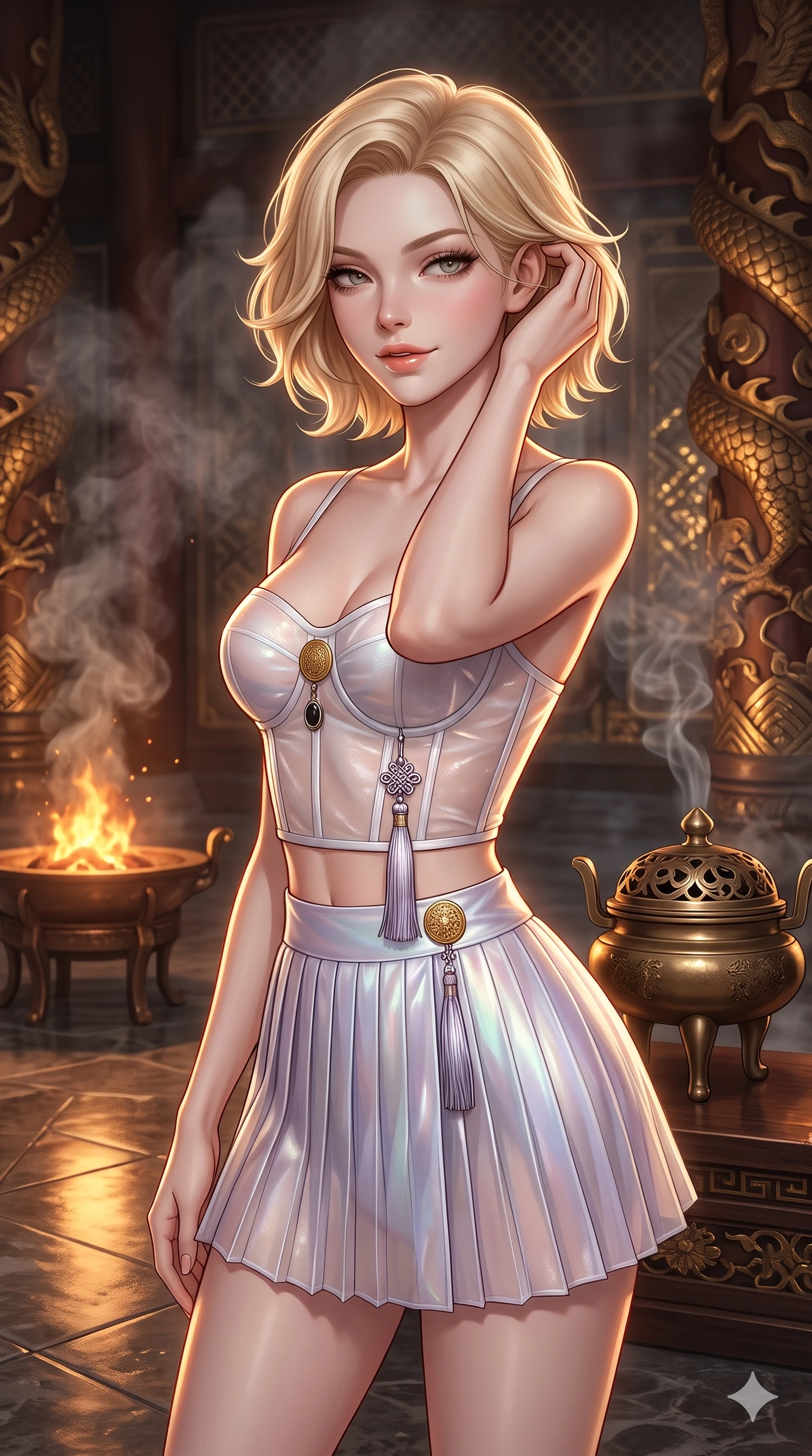 score_9, masterpiece, best quality, ultra-detailed, high-budget anime keyframe, editorial fashion photography, tasteful artistic composition, Caucasian woman. close-up cowboy shot from the waist and thighs up, the character dominates the composition, filling the frame with her large presence. gently brushing a lock of silk hair behind her ear while casting a playful, flirtatious side-gaze with long eyelashes while twisting her slender torso in an alluring S-curve among drifting incense smoke, warm brazier embers illuminating her hourglass curves. The surrounding environment is rendered in vivid detail and crisp panoramic clarity: sharp bronze incense burner openwork lid, carved gilt wood dragon scales, and polished stone floor reflections in deep focus. She has an exceptionally elegant, slender, and willowy female figure with an ultra-slim waist, flat toned midriff, narrow ribcage, and sculpted feminine hips creating an alluring, slim hourglass silhouette without bulk. sharp v-shaped jawline, high-bridge nose, sparkling eyes with hypnotic seductive depth, thick curled eyelashes, glossy parted lips with a natural dewy peach sheen, alluring bedroom-eyes with an enchanting coquettish smile, exuding magnetic siren charisma and sophisticated glamour, flawlessly proportioned anatomical accuracy, strict slender model proportions, natural body alignment, perfectly sculpted long slender limbs, ultra-slim waistline, clean dynamic posture without body distortion. wearing a modern boned hanbok bustier top with norigae tassel paired with an ultra-short micro-pleated silk wrap mini skirt in iridescent mother-of-pearl and misty lavender, crafted from delicate semi-sheer Korean gossamer organza with subtle pearlescent glints, accented with an authentic engraved gold medallion and obsidian cabochons, the bespoke structured tailoring following the natural line of her 8.5-heads silhouette with refined elegance. illuminated by polished floor bounce and sharp amber-bronze rim lights defining her razor-sharp jawline, narrow waist, and curvy hips. ultra-reflective glossy finish, specular highlights, rich textural contrasts, high-contrast stereoscopic depth, volumetric dynamic lighting, 2k, ultra detail, master piece, 9:16 ratio