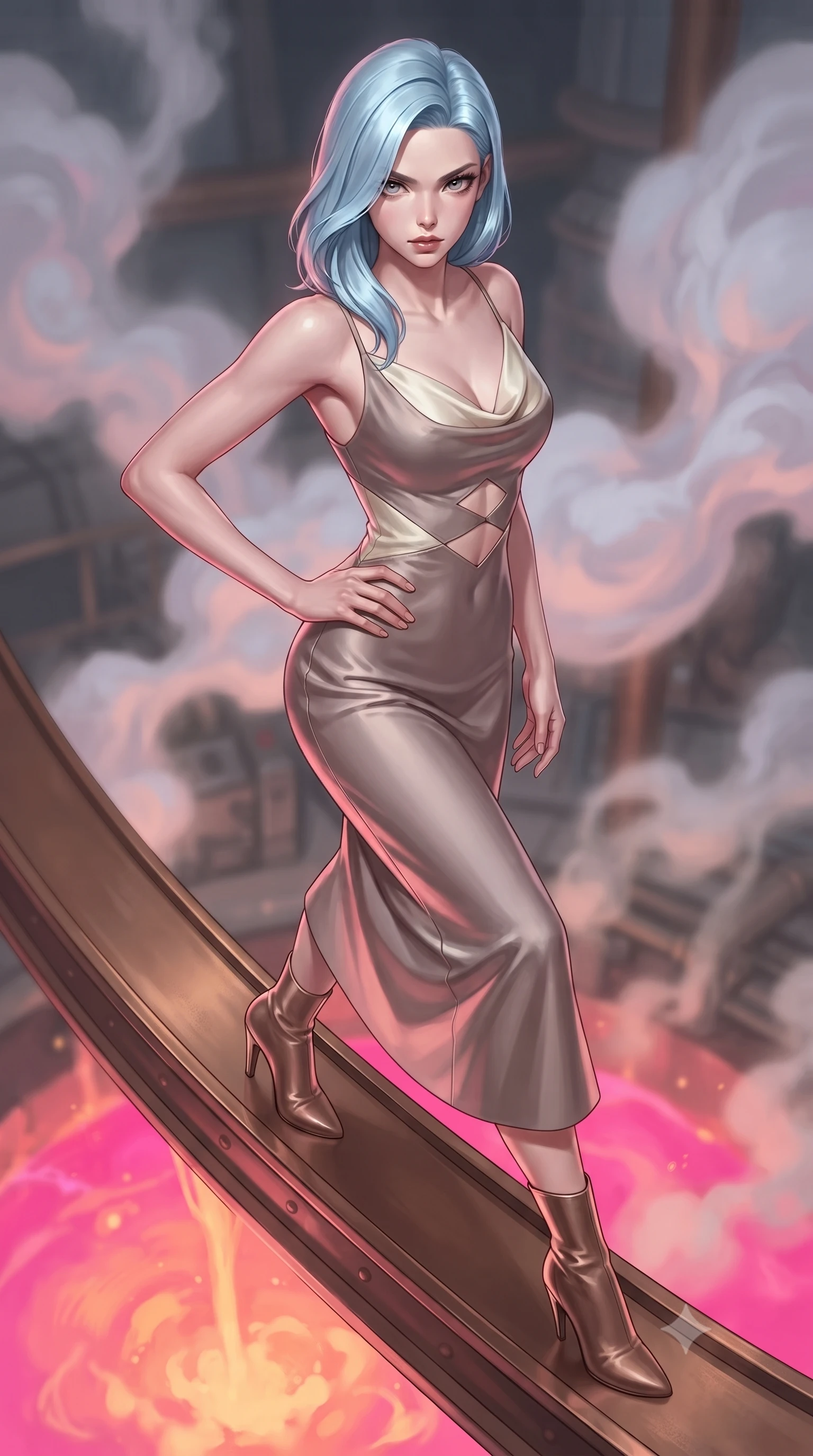 score_9, masterpiece, best quality, ultra-detailed, high-budget anime keyframe, editorial fashion photography, tasteful artistic composition, Korean woman. close-up cowboy shot from the waist and thighs up, the character dominates the composition, filling the frame with her large presence, background elements kept in soft focus. Holding a powerful dynamic pose with one hand on her hip and body angled dramatically toward the key light while stepping along a curved bronze beam while pastel steam clouds swirl around her, boiling liquid aurora energy radiating intense hot pink and orange light from below. She has an exceptionally elegant, slender, and willowy female figure with an ultra-slim waist, a gracefully sculpted slender torso, and a refined silhouette. sharp v-shaped jawline, high-bridge nose, intricate jewel-like eyes with depth, thick eyelashes, glossy lips with a natural sheen, flawlessly proportioned anatomical accuracy, natural body alignment, perfectly sculpted elegant limbs, clean dynamic posture without body distortion. wearing an elegant cowl-neck satin midi dress with a graceful draped neckline in muted taupe and soft ivory, crafted from smooth liquid silk, featuring subtle geometric cutouts that highlight her ultra-slim midriff, the form-contouring material highlighting her ultra-slim waist and long lines. bathed in hot pink and orange furnace underlighting with sharp bronze speculars. ultra-reflective glossy finish, specular highlights, metallic sheen, high-contrast stereoscopic depth, volumetric dynamic lighting, 2k, ultra detail, master piece, 9:16 ratio