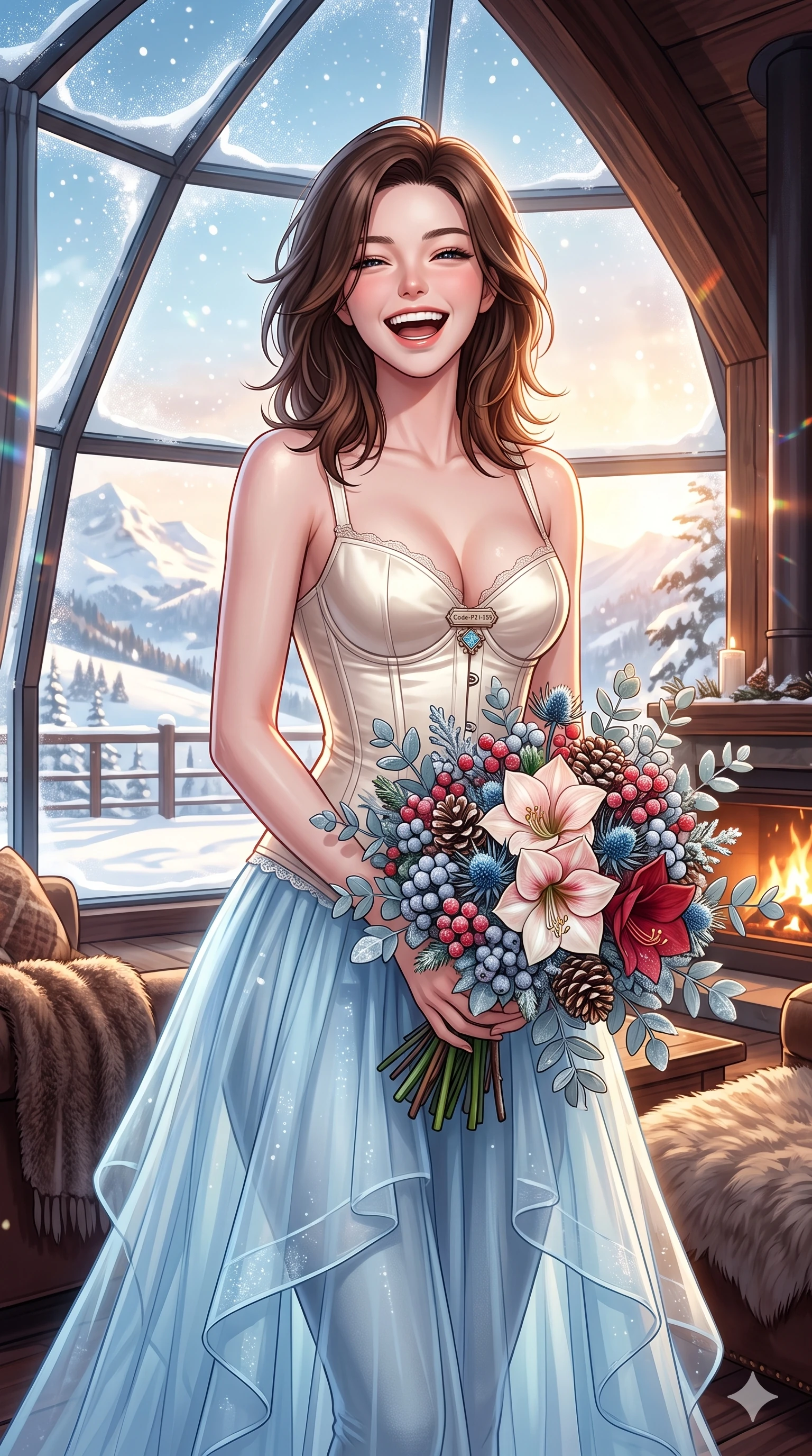 score_9, masterpiece, best quality, ultra-detailed, high-budget anime keyframe, vibrant anime aesthetic, Korean woman. cowboy shot from the thighs up, character and outfit filling the frame for maximum presence. She is posing with a cheerful winter laugh while holding a colorful winter bouquet inside a ski clubhouse lounge in the winter sun (Code-P21-159). She has an absolutely perfect 8-heads proportion, an exceptionally tall and slender female figure with impossibly long slender legs and an ultra-slim waist. V-shaped jawline, high-bridge nose, intricate jewel-like eyes with depth, thick eyelashes, glossy lips with a natural sheen. wearing a structured satin corset showing her cleavage and a sheer skirt in winter. She is warm glowing resort light filtering through the glass dome in snow, outlining her features. 2k, ultra detail, master piece, 9:16 ratio