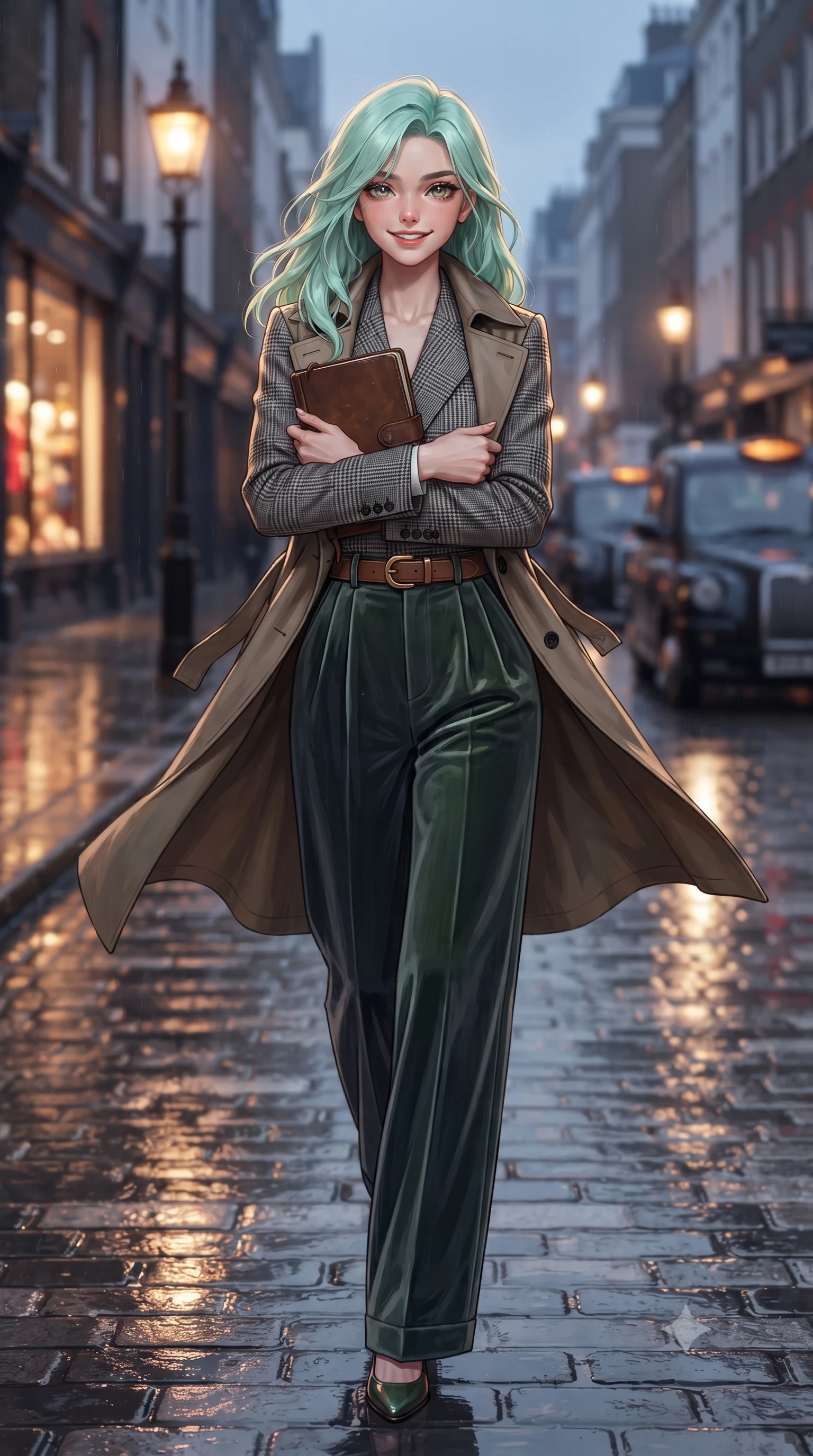 score_9, masterpiece, best quality, ultra-detailed, high-budget anime keyframe, editorial fashion photography, tasteful artistic composition, Japanese woman. close-up cowboy shot from the waist and thighs up, the character dominates the composition, filling the frame with her large presence. holding a leather notebook close to her chest with both arms, smiling delightfully with youthful scholarly grace while walking down the rain-slicked London street with confident model strides, her trench coat fluttering with dynamic rhythm. The background shows a soft-focus glowing gas lanterns reflecting on wet cobblestones, classic black cabs driving past, and warm storefront displays blurred into amber, charcoal, and ruby bokeh. She has an exceptionally elegant, slender, and willowy female figure with an ultra-slim waist, flat toned midriff, narrow ribcage, and sculpted feminine hips creating an alluring, slim hourglass silhouette without bulk. sharp v-shaped jawline, high-bridge nose, intricate jewel-like sparkling eyes with depth, thick eyelashes, glossy parted lips with a natural peach sheen, bright cheerful beaming smile with an enchanting and coquettish sensual glint, exuding both youthful cute charm and seductive allure, flawlessly proportioned anatomical accuracy, strict slender model proportions, natural body alignment, perfectly sculpted long slender limbs, ultra-slim waistline, clean dynamic posture without body distortion. wearing a double-breasted Prince of Wales check tailored wool blazer paired with high-waisted pleated wide-leg trousers in misty Arashiyama bamboo green and slate grey, crafted from rich cotton velvet with deep light-absorbing pile and soft gradients, finished with a smooth equestrian bridle-leather belt with a polished brass horseshoe buckle, the precision-cut high-waisted tailoring accentuating her ultra-slim waist and long slender leg line with immaculate aristocratic poise. illuminated by wet pavement specular reflections and crisp silver-amber rim lights accentuating her tall slender frame and cheekbones. ultra-reflective glossy finish, specular highlights, rich textural contrasts, high-contrast stereoscopic depth, volumetric dynamic lighting, 2k, ultra detail, master piece, 9:16 ratio