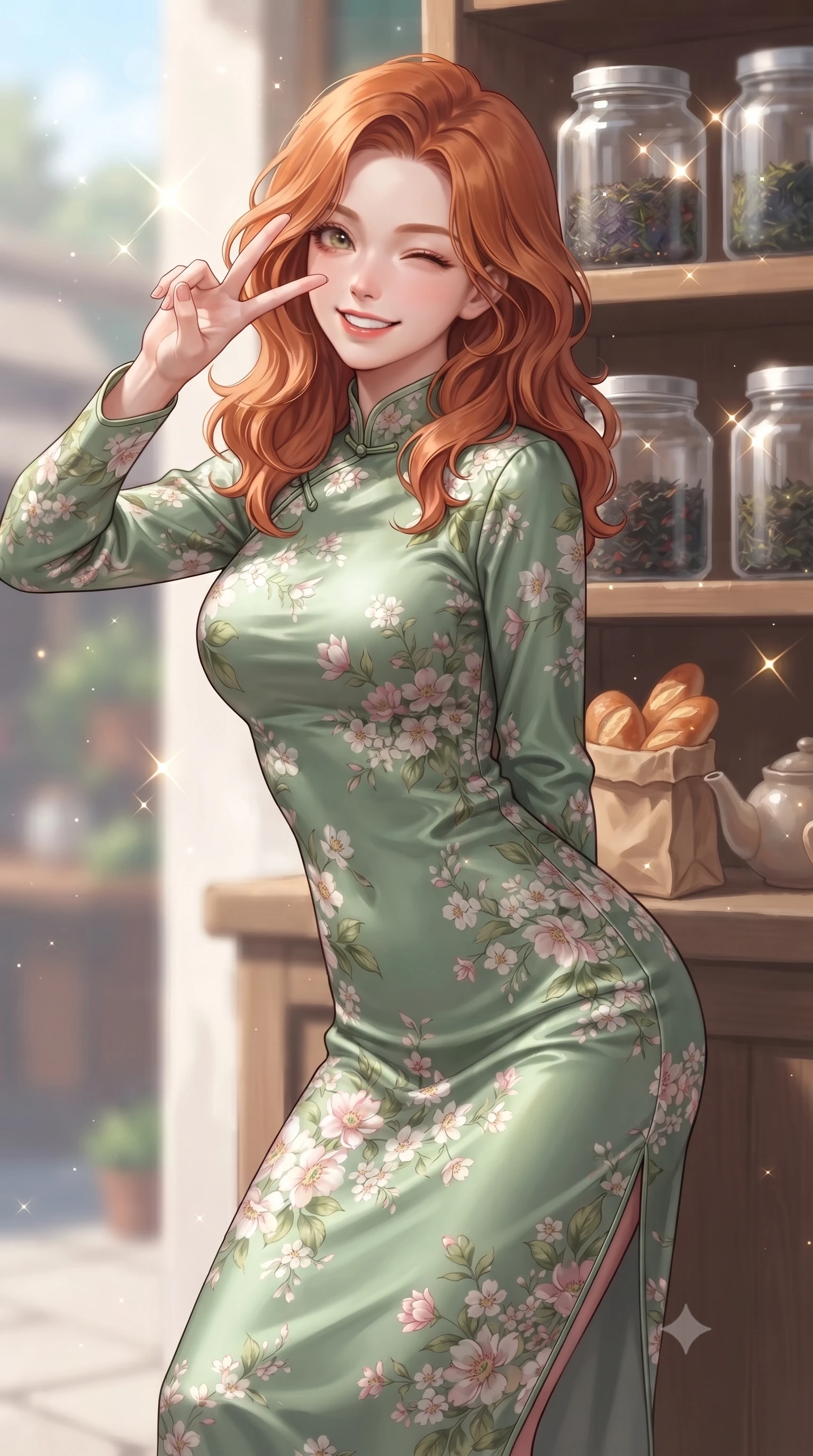 score_9, masterpiece, best quality, ultra-detailed, high-budget anime keyframe, editorial fashion photography, tasteful artistic composition, Caucasian woman. close-up cowboy shot from the waist and thighs up, the character dominates the composition, filling the frame with her large presence, background elements kept in soft focus. smiling brightly with a cheerful expression, winking playfully at the viewer set against a soft-focus background of outside a cozy tea shop with jars of tea leaves displayed on wooden shelves holding a small paper bag of fresh warm bread, smiling cutely. She has an exceptionally elegant, slender, and willowy female figure with an ultra-slim waist, a gracefully sculpted slender torso, and a refined silhouette. sharp v-shaped jawline, high-bridge nose, intricate jewel-like eyes with depth, thick eyelashes, glossy lips with a natural sheen. wearing form-contouring lovely floral print midi dress in sage green, featuring a high collar and long sleeves. bright daylight reflecting off the display cases, creating sparkling glints. highly saturated vibrant anime colors, detailed shading with soft gradients, rich glossy textures, high-contrast stereoscopic depth, volumetric dynamic lighting, master piece, 9:16 ratio