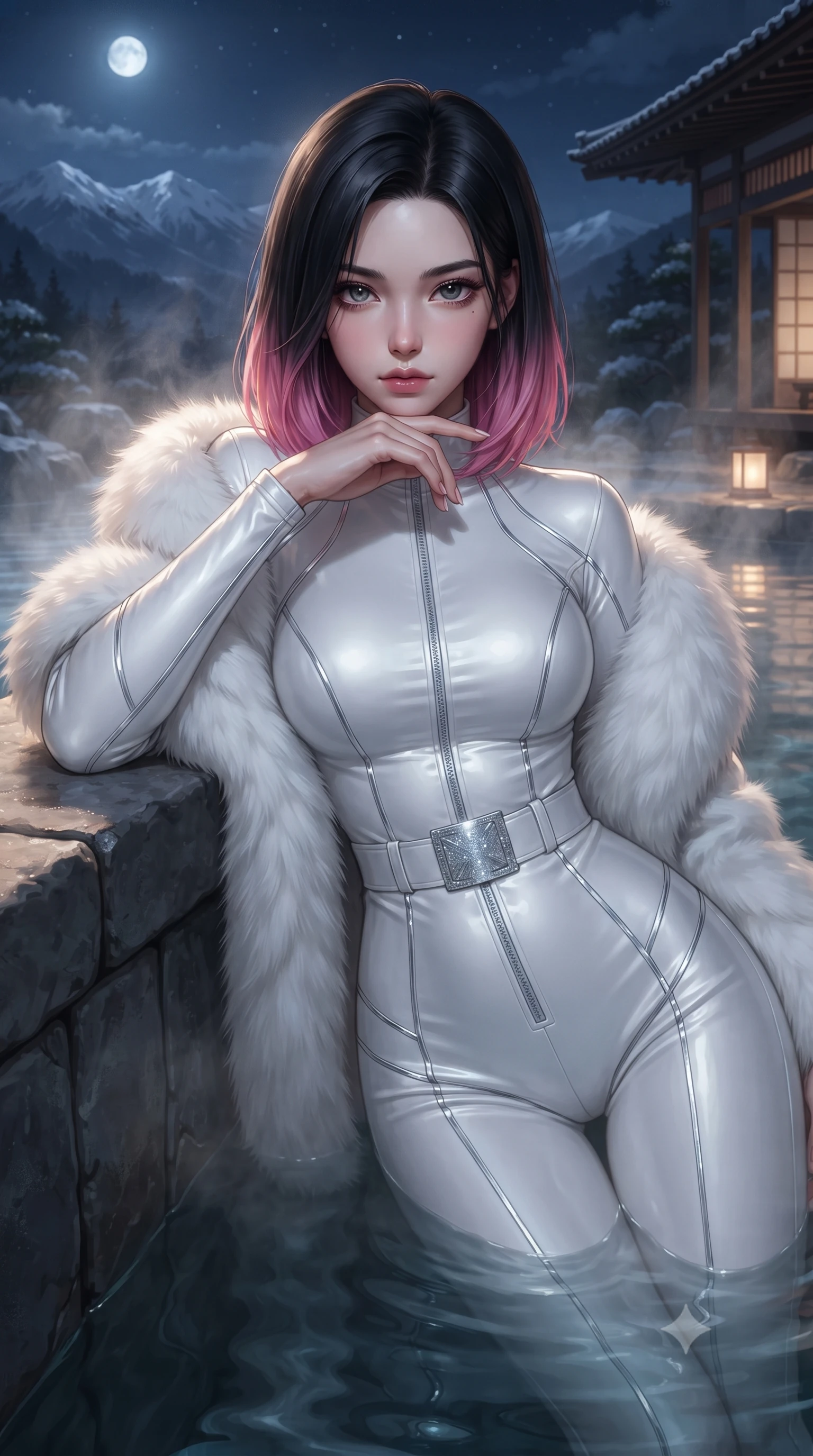 score_9, masterpiece, best quality, ultra-detailed, high-budget anime keyframe, editorial fashion photography, tasteful artistic composition, Korean woman. close-up cowboy shot from the waist and thighs up, the character dominates the composition, filling the frame with her large presence. leaning back with relaxed seductive grace, her sculpted collarbones highlighted by light, casting smoldering bedroom-eyes directly into the lens while resting her chin on her crossed arms at the infinity pool's edge, gazing into the camera with bedroom-eyes. The surrounding environment is rendered in vivid detail and crisp panoramic clarity. atmospheric nocturnal thermal chiaroscuro and private mountain hot-spring luxury in precision. She has an exceptionally elegant, slender, and willowy female figure with an ultra-slim waist, a gracefully sculpted slender torso, toned flat midriff, and a refined slim silhouette. sharp v-shaped jawline, high-bridge nose, intricate jewel-like eyes with depth, thick eyelashes, glossy parted lips with a natural sheen, intensely captivating and seductive expression, flawlessly proportioned anatomical accuracy, strict slender model proportions, natural body alignment, perfectly sculpted long slender limbs, ultra-slim waistline, clean dynamic posture without body distortion. wearing a form-fitting thermal catsuit with reflective silver piping and an ultra-flattering waist-cinching belt in pure glacier white and shimmering silver, tailored from ultra-sleek thermal stretch neoprene with satin sheen, complemented by an opulent white fox-fur stole draped loosely over her shoulders, the form-contouring material adhering flawlessly to her sculpted flat midriff and slender torso, emphasizing her long leg lines and perfectly proportioned willowy build. surrounded by an intimate, tranquil, and deeply sensual mountain onsen muse aura. ultra-reflective glossy finish, specular highlights, rich textural contrasts, high-contrast stereoscopic depth, volumetric dynamic lighting, 2k, ultra detail, master piece, 9:16 ratio