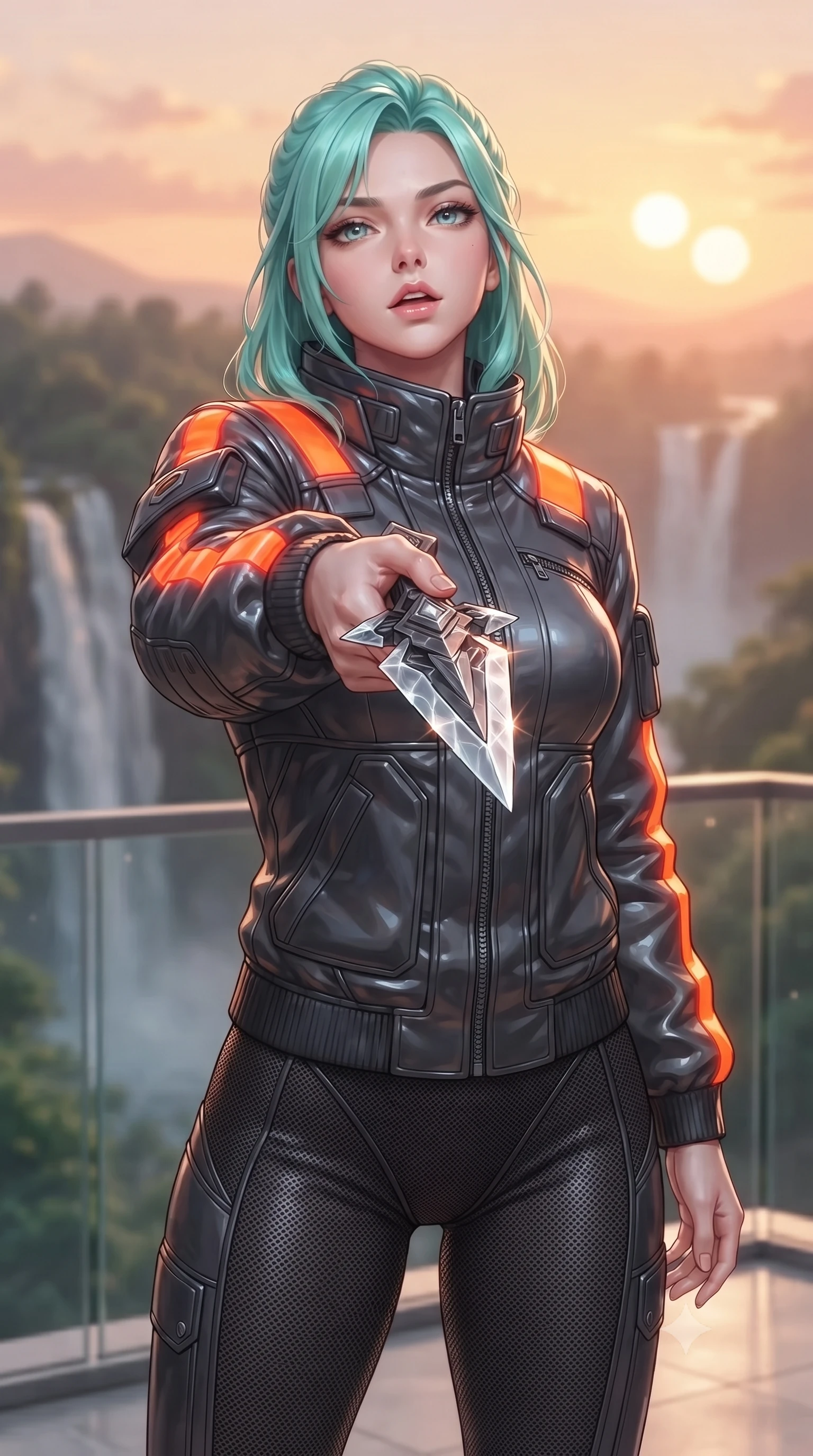 score_9, masterpiece, best quality, ultra-detailed, high-budget anime keyframe, editorial fashion photography, tasteful artistic composition, Japanese woman. close-up cowboy shot from the waist and thighs up, the character dominates the composition, filling the frame with her large presence, background elements kept in soft focus. pointing a crystal-edged laser dagger forward in a defensive stance, tilting her chin up slightly with lips parted in a composed pose, the background shows a soft-focus a waterfall valley balcony with glass railings facing a binary star sunset. She has an exceptionally elegant, slender, and willowy female figure with an ultra-slim waist, a gracefully sculpted slender torso, and a refined silhouette. sharp v-shaped jawline, high-bridge nose, intricate jewel-like eyes with depth, thick eyelashes, glossy lips with a natural sheen. wearing a body-hugging heavy polar-combat jacket with neon orange warning stripes, worn over thick carbon-mesh thermal trousers. warm sunset light casting a peaceful, cozy orange wash on her figure. ultra-reflective glossy finish, specular highlights, metallic sheen, high-contrast stereoscopic depth, volumetric dynamic lighting, 2k, ultra detail, master piece, 9:16 ratio