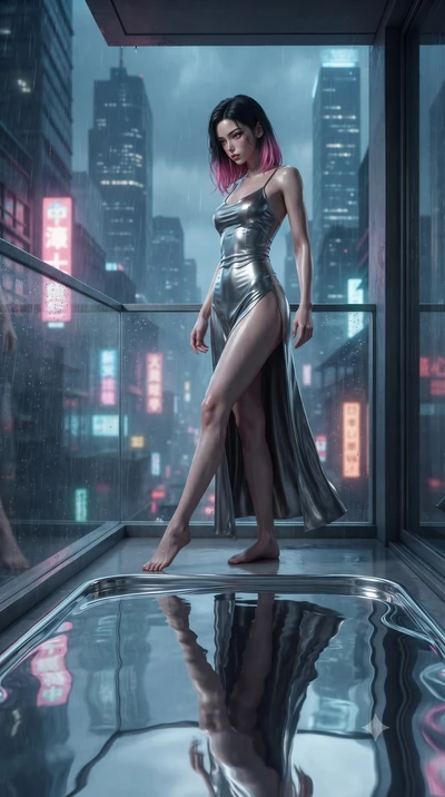 score_9, masterpiece, best quality, ultra-detailed, High-budget Anime Keyframe, editorial fashion photography, tasteful artistic composition, realistic cosplay photography, East Asian woman. Dynamic full-body shot stretching the vertical silhouette t