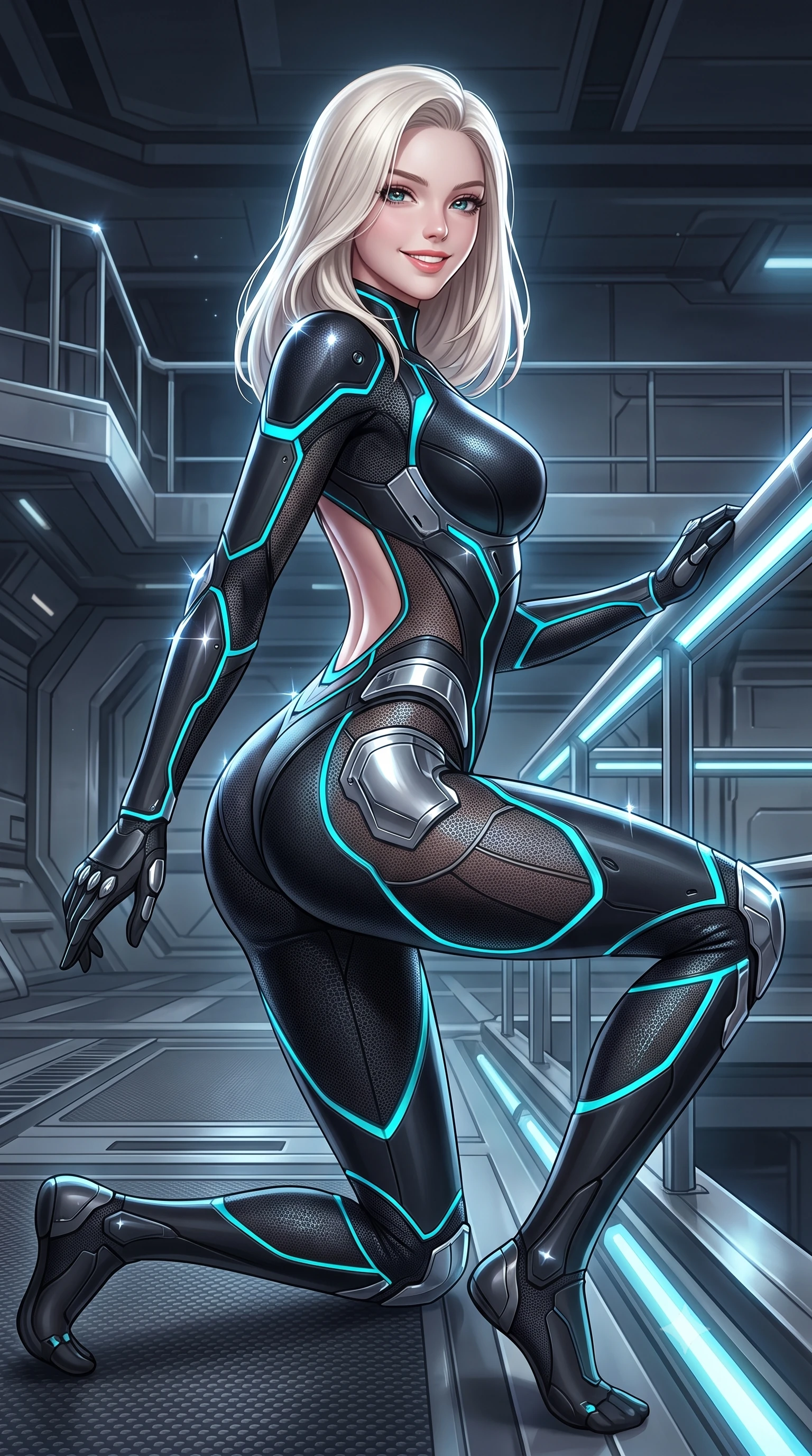 score_9, masterpiece, best quality, ultra-detailed, high-budget anime keyframe, semi-realistic 3D game render, editorial fashion photography, tasteful artistic composition, Caucasian woman. low angle full-body shot from head to toe showing her feet, filling the entire 9:16 vertical frame with her statuesque presence, stretching her vertical silhouette. standing in a tall, confident posture with one hand on a glowing metal railing, stretching her statuesque body as she arches her lower back to emphasize her sculpted feminine hips and slender waist while kneeling lightly on one knee in an alert, seductive pose, her aerodynamic stealth suit clinging to her athletic curves with supermodel precision. The surrounding environment is rendered in vivid detail and crisp panoramic clarity: detailed stealth suit texture, starlight highlights on carbon plates, and stealth warship architecture in razor-sharp precision. She has an absolutely perfect, statuesque 8.5-heads proportion, an exceptionally tall and slender model-like female figure with impossibly long slender legs, an ultra-slim waist, a flat toned midriff, narrow delicate ribcage, and beautifully sculpted feminine hips creating a graceful, slim hourglass silhouette without any bulky heaviness. sharp v-shaped jawline, high-bridge nose, intricate jewel-like sparkling eyes with depth, thick eyelashes, glossy parted lips with a natural sheen, bright confident smile with an enchanting and coquettish sensual glint, exuding both youthful magnetic charm and sovereign high-tech allure, flawlessly proportioned anatomical accuracy, strict slender model proportions, natural body alignment, perfectly sculpted long slender limbs, ultra-slim waistline, clean dynamic posture without body distortion. wearing a second-skin cybernetic stealth suit with active-camo optical mesh and sculpted carbon hip guards in matte obsidian black and glowing neon cyan trim, woven from delicate semi-opaque high-tensile nano-mesh with intricate hexagonal micro-patterns, accented with strategically placed chrome armor plate guards covering key curves, the precision-cut side openings and low-back scoop framing her graceful spine and the sensual sweep of her slim, toned hips. illuminated by active-camouflage iridescent shimmers and sharp silver rim lights sculpting her razor-sharp jawline, narrow waist, and curvy hips. highly saturated vibrant anime colors, detailed shading with soft gradients, rich glossy textures, high-contrast stereoscopic depth, volumetric dynamic lighting, master piece, 9:16 ratio