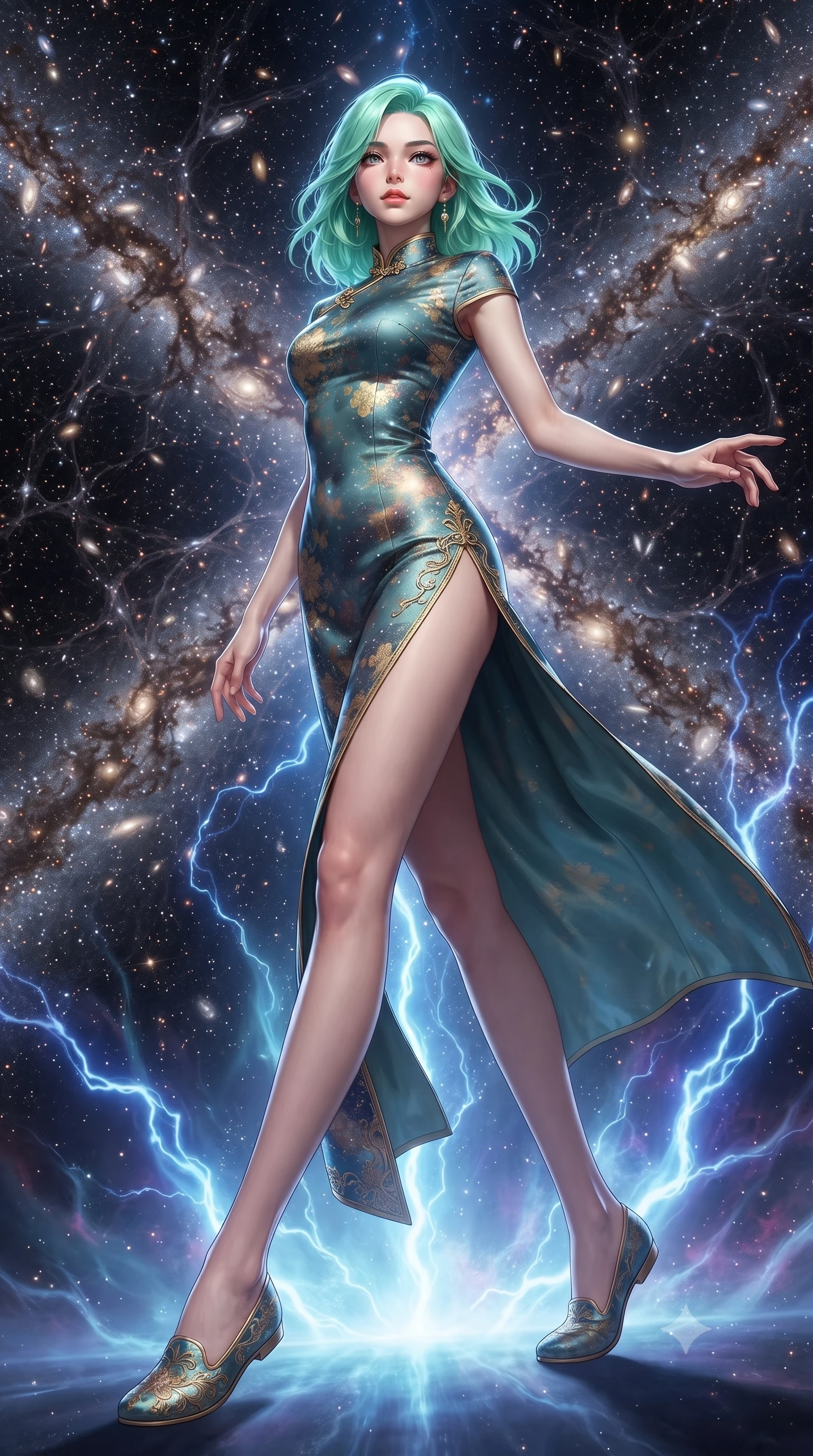 score_9, masterpiece, best quality, ultra-detailed, high-budget anime keyframe, editorial fashion photography, tasteful artistic composition, Japanese woman. low angle full-body shot from head to toe showing her feet, filling the entire 9:16 vertical frame with her statuesque presence, stretching her vertical silhouette. navigating with fluid motion through at the grand intersection point of cosmic web filaments where streams of thousands of galaxies flow in luminous rivers along dark matter scaffolding the largest structure in the universe made visible. She has a statuesque 8.5-heads proportion, an exceptionally tall, slender and willowy model-like build with impossibly long legs and a highly sculpted ultra-slim waist. sharp v-shaped jawline, high-bridge nose, intricate jewel-like eyes with depth, thick eyelashes, glossy lips with a natural sheen. wearing a modernized qipao-inspired dress in a muted teal and gold floral print with a mandarin collar. pulsing electric blue plasma arc lighting rising dramatically from below. 2k, ultra detail, master piece, 9:16 ratio