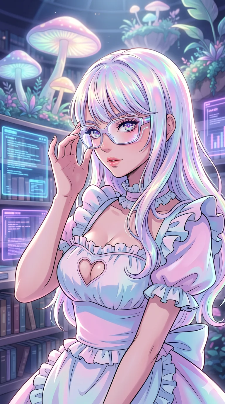 score_9, masterpiece, best quality, ultra-detailed, high-budget anime keyframe, vibrant colors and expressive line art, an incredibly beautiful Japanese woman. Medium shot of upper body focusing on her alluring and cute features and her iridescent opal-colored hair with shimmering rainbow highlights, filling the vertical 9:16 frame. She is adjusting her cute high-tech glasses in a futuristic library. She has a sharp v-shaped jawline, high-bridge nose, intricate jewel-like eyes, thick eyelashes, and glossy lips. She possesses an absolutely perfect 8-heads proportion and a slim-fit silhouette. She is wearing a frilly pastel-colored maid outfit with a heart-shaped cutout on the chest, highlighting her alluring silhouette. a dreamy floating island garden with giant pastel mushrooms, dramatic rim lighting, cinematic shadows, 2k, ultra detail, master piece, 9:16 ratio