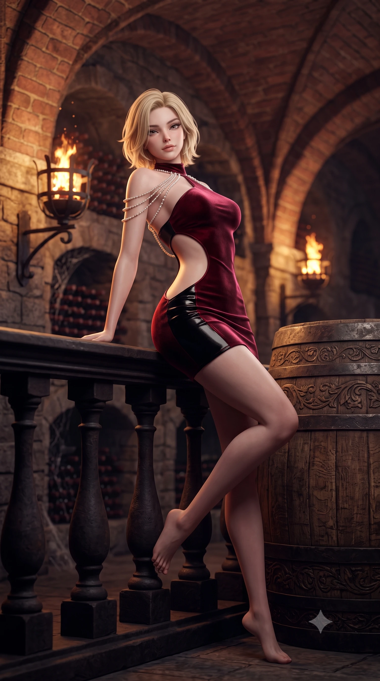score_9, masterpiece, best quality, ultra-detailed, high-budget anime keyframe, semi-realistic 3D game render, editorial fashion photography, tasteful artistic composition, Caucasian woman. low angle full-body shot from head to toe showing her feet, filling the entire 9:16 vertical frame with her statuesque presence, stretching her vertical silhouette. leaning deep against the balcony balustrade with hips cocked back in an unapologetically alluring high-fashion stance, casting an intoxicating glance while lounging against an ancient carved wine cask with legs crossed, arching her lower back with seductive vampire queen poise. The background shows a soft-focus rows of cobwebbed wine bottles in stone alcoves, flickering iron wall braziers, and vaulted brick arches blurred into burgundy, bronze, and charcoal bokeh. She has an absolutely perfect, statuesque 8.5-heads proportion, an exceptionally tall and slender model-like female figure with impossibly long slender legs, an ultra-slim waist, a flat toned midriff, narrow delicate ribcage, and beautifully sculpted feminine hips creating a graceful, slim hourglass silhouette without any bulky heaviness. sharp v-shaped jawline, high-bridge nose, sparkling eyes with hypnotic seductive depth, thick curled eyelashes, glossy parted lips with a natural dewy peach sheen, alluring bedroom-eyes with an enchanting coquettish smile, exuding magnetic siren charisma and sophisticated glamour, flawlessly proportioned anatomical accuracy, strict slender model proportions, natural body alignment, perfectly sculpted long slender limbs, ultra-slim waistline, clean dynamic posture without body distortion. wearing an asymmetric one-shoulder metallic bordeaux mini dress with a dramatic side cutout hugging her waist and hips in wet-look onyx black with crimson specular reflections, tailored from ultra-plush velvet with rich tactile depth and deep shadow gradients, accented with a pearl-drop body harness subtly framing her dewy collarbones and spine, the glove-like clinging cut tightly following the natural contour of her hips and long slender legs with youthful 8.5-heads elegance. bathed in warm flickering firelight from iron wall torches mounted in stone brackets. highly saturated vibrant anime colors, detailed shading with soft gradients, rich glossy textures, high-contrast stereoscopic depth, volumetric dynamic lighting, master piece, 9:16 ratio