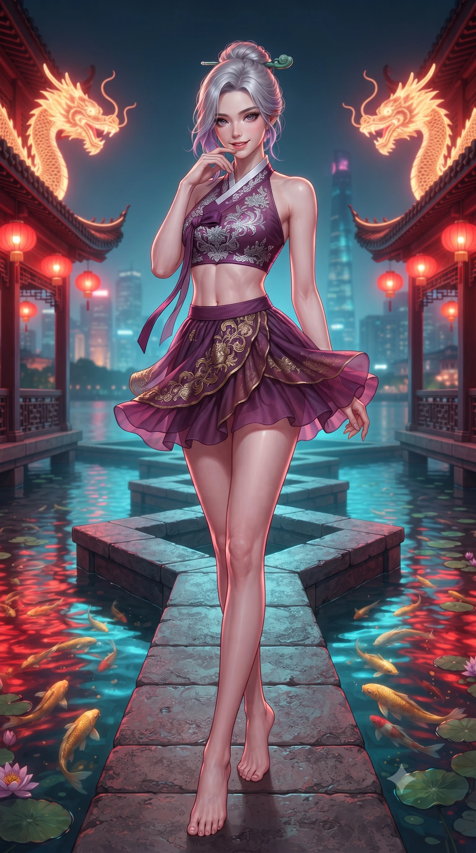 score_9, masterpiece, best quality, ultra-detailed, high-budget anime keyframe, editorial fashion photography, tasteful artistic composition, Caucasian woman. low angle full-body shot from head to toe showing her feet, filling the entire 9:16 vertical frame with her statuesque presence, stretching her vertical silhouette. sitting perched on the elevated pavilion terrace edge with legs crossed and hips angled toward the camera, displaying her toned midriff and long slender limbs with joyful, coquettish charm while standing centered on the historic Nine-Turn zigzag stone bridge, arching her back with high-fashion poise as glowing dragon wall eaves frame the water. The background shows a soft-focus swimming golden koi fish beneath lotus pads and distant illuminated Shanghai skyscrapers softened in surreal fusion shallow focus. She has an absolutely perfect, statuesque 8.5-heads proportion, an exceptionally tall and slender model-like female figure with impossibly long slender legs, an ultra-slim waist, a flat toned midriff, narrow delicate ribcage, and beautifully sculpted feminine hips creating a graceful, slim hourglass silhouette without any bulky heaviness. sharp v-shaped jawline, high-bridge nose, intricate jewel-like dark sparkling almond eyes with depth, thick lashes, glossy parted lips with a natural rose-plum sheen, bright alluring and coquettish smile with bedroom-eyes, exuding both timeless oriental elegance and sovereign high-fashion allure, flawlessly proportioned anatomical accuracy, strict slender model proportions, natural body alignment, perfectly sculpted long slender limbs, ultra-slim waistline, clean dynamic posture without body distortion. wearing a modern halter-neck fusion hanbok bodice with delicate silver embroidery and a fluttering layered chiffon wrap mini skirt in rich plum violet and gilded bronze embroidery, tailored from fine crisp cotton-linen with clean structural lines, featuring a modern sculptural jade hair pin securing her loose silky updo, the form-contouring cut accentuating her sculpted flat midriff, narrow delicate ribcage, and gracefully curvy hips with regal oriental supermodel elegance. bathed in vibrant red lantern warmth and cool electric cyan water reflections. ultra-reflective glossy finish, specular highlights, rich textural contrasts, high-contrast stereoscopic depth, volumetric dynamic lighting, 2k, ultra detail, master piece, 9:16 ratio