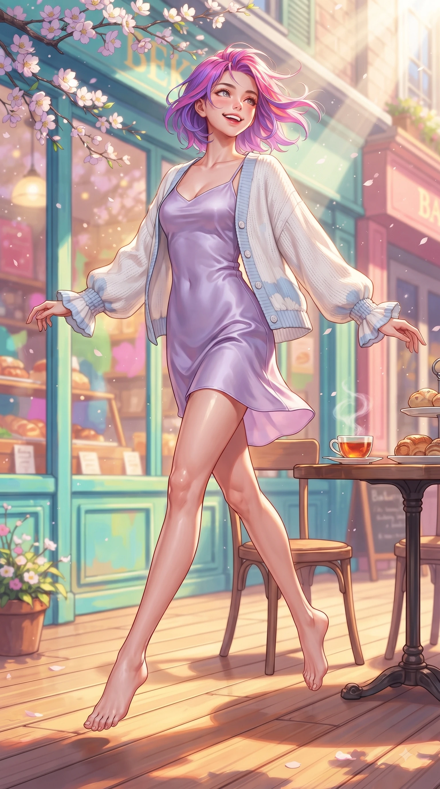 score_9, masterpiece, best quality, ultra-detailed, high-budget anime keyframe, editorial fashion photography, tasteful artistic composition, Caucasian woman. low angle full-body shot from head to toe showing her feet, filling the entire 9:16 vertical frame with her statuesque presence, stretching her vertical silhouette. leaping with pure youthful energy through the scene with a radiant bright smile, her long slender legs balanced gracefully while sitting gracefully at a sunlit wooden terrace table of a cozy bakery with a steaming cup of tea. The surrounding environment is rendered in vivid detail and crisp panoramic clarity. colorful storefront windows reflecting bright spring sunlight with rich environmental clarity. She has an absolutely perfect, statuesque 8.5-heads proportion, an exceptionally tall and slender model-like female figure with impossibly long slender legs and an ultra-slim waist. sharp v-shaped jawline, high-bridge nose, intricate jewel-like eyes with depth, thick eyelashes, glossy lips with a natural sheen, flawlessly proportioned anatomical accuracy, natural body alignment, perfectly sculpted elegant limbs, clean dynamic posture without body distortion. wearing a graceful lavender satin slip dress layered under a loose soft white knit cardigan in baby blue and cloud white, crafted from soft breathable linen, accented with soft smocked details and fluttery cuffs, the chic real-way fashion cut emphasizing her effortless charm. illuminated by gentle sunbeams streaming through blooming flower branches. ultra-reflective glossy finish, specular highlights, metallic sheen, high-contrast stereoscopic depth, volumetric dynamic lighting, 2k, ultra detail, master piece, 9:16 ratio