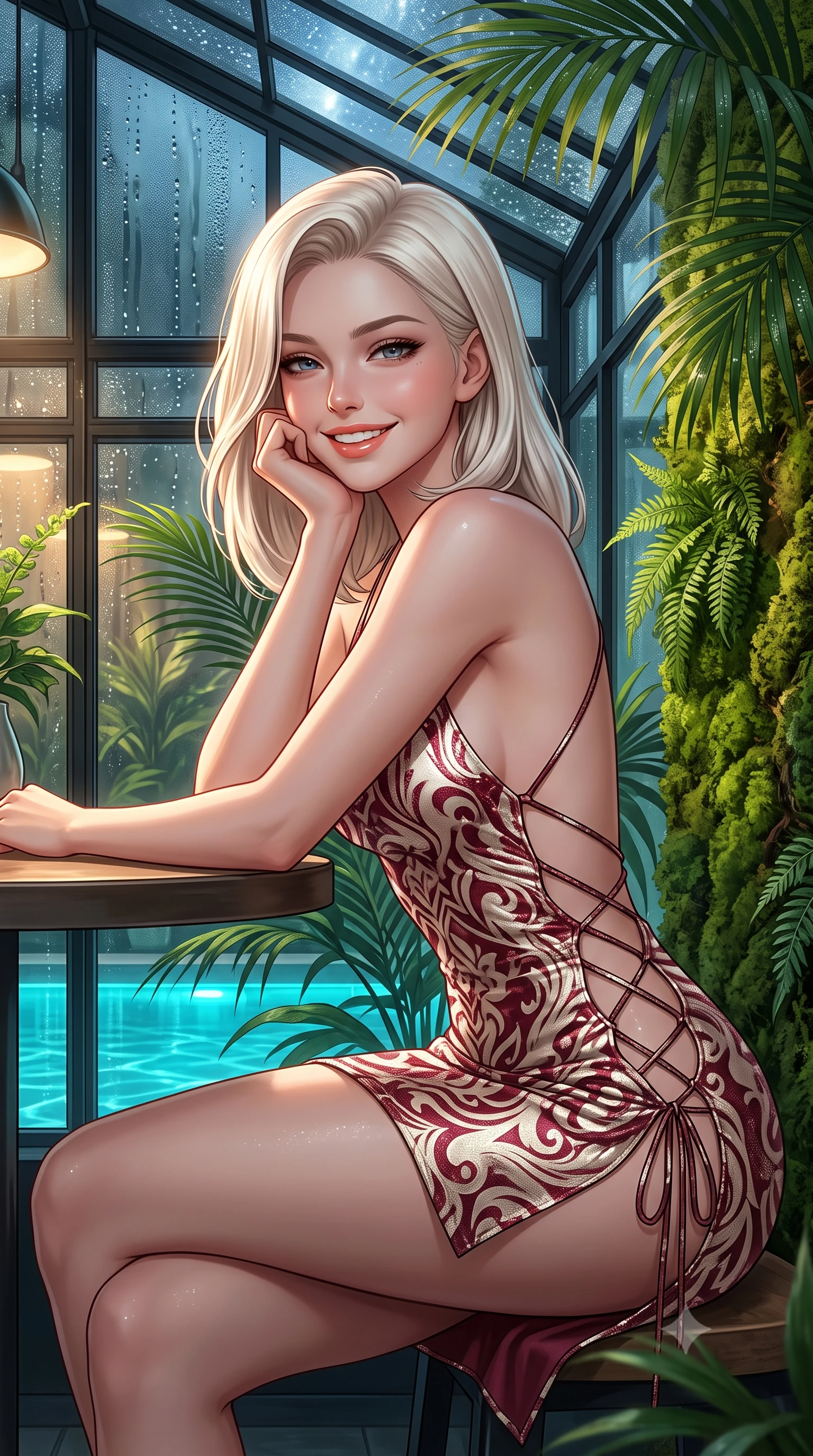 score_9, masterpiece, best quality, ultra-detailed, high-budget anime keyframe, editorial fashion photography, tasteful artistic composition, Caucasian woman. close-up cowboy shot from the waist and thighs up, the character dominates the composition, filling the frame with her large presence. resting one elbow on the table and supporting her chin, leaning close to the camera with heavy-lidded sparkling eyes and parted lips while leaning against the lush vertical moss wall with hips cocked back, looking through dewy tropical palms with heavy-lidded bedroom-eyes. The surrounding environment is rendered in vivid detail and crisp panoramic clarity: sharp black iron greenhouse frame mullions, exotic fern frond veins, and water droplet condensation beads on glass in deep focus. She has an exceptionally elegant, slender, and willowy female figure with an ultra-slim waist, flat toned midriff, narrow ribcage, and sculpted feminine hips creating an alluring, slim hourglass silhouette without bulk. sharp v-shaped jawline, high-bridge nose, intricate jewel-like sparkling eyes with depth, thick eyelashes, glossy parted lips with a natural peach sheen, bright cheerful beaming smile with an enchanting and coquettish sensual glint, exuding both youthful cute charm and seductive allure, flawlessly proportioned anatomical accuracy, strict slender model proportions, natural body alignment, perfectly sculpted long slender limbs, ultra-slim waistline, clean dynamic posture without body distortion. wearing a backless liquid lamé mini dress with criss-cross spinal straps and daring side slit in Belvedere ivory pearl and Habsburg bordeaux wine, woven from stretch metallic lurex jersey casting radiant starlight glints across her curves, featuring fine criss-cross lace-up side ties revealing tantalizing glimpses of her hip curve, the second-skin tailored fabric adhering flawlessly to her sculpted flat midriff and slender torso, emphasizing her long leg lines and perfectly proportioned willowy build. bathed in warm 2600K botanical grow lamps combined with turquoise underwater pool LEDs and clear Arctic starlight through glass. ultra-reflective glossy finish, specular highlights, rich textural contrasts, high-contrast stereoscopic depth, volumetric dynamic lighting, 2k, ultra detail, master piece, 9:16 ratio