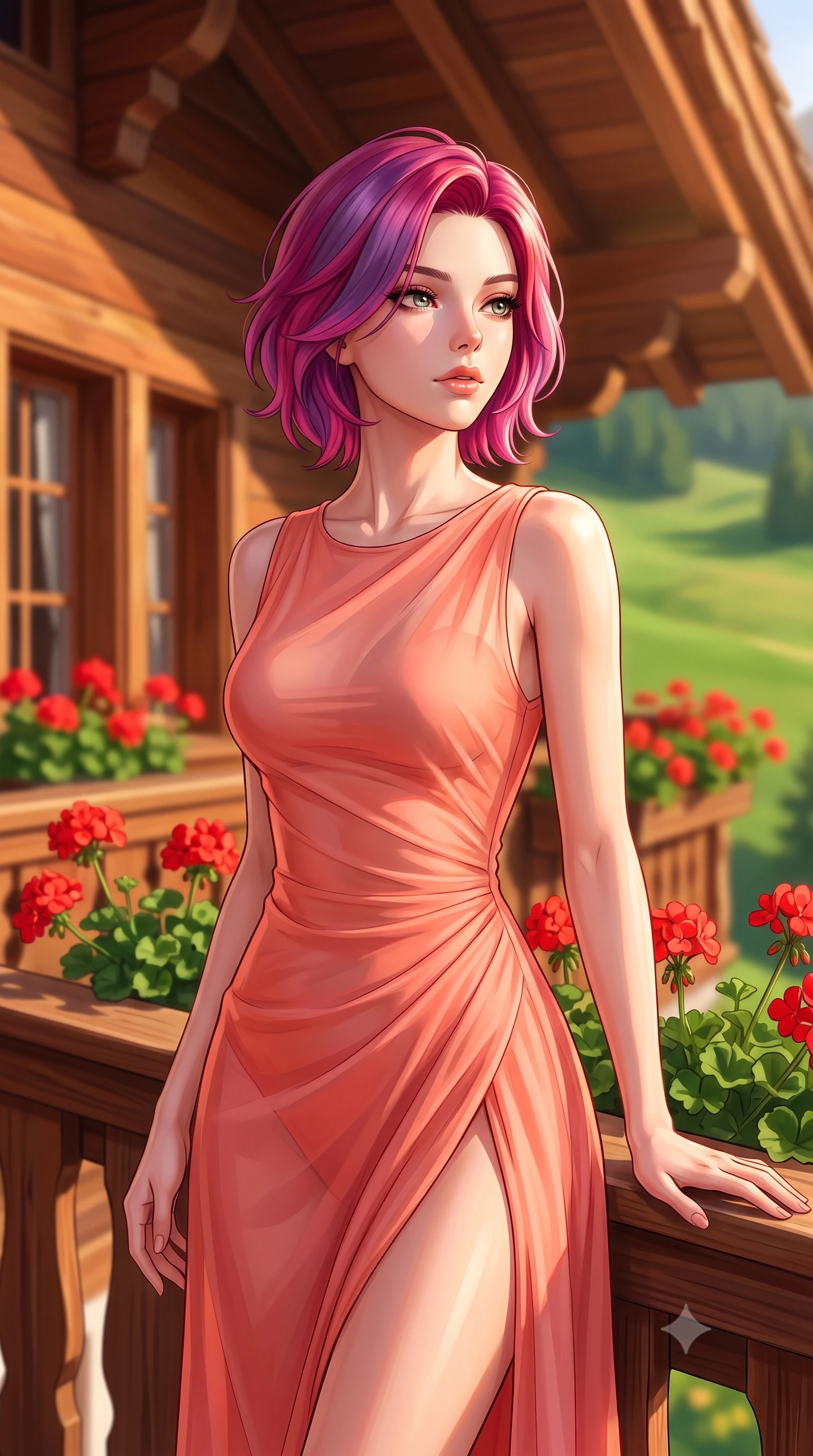 score_9, masterpiece, best quality, ultra-detailed, high-budget anime keyframe, editorial fashion photography, tasteful artistic composition, Caucasian woman woman. close-up cowboy shot from the waist and thighs up, the character dominates the composition, filling the frame with her large presence, background elements kept in soft focus. looking past the camera with a peaceful, thoughtful gaze, enjoying the warm sunlight the background shows a soft-focus a wooden balcony of a Swiss chalet decorated with red geraniums, looking at green meadows. She has an exceptionally elegant, slender, and willowy female figure with an ultra-slim waist, a gracefully sculpted slender torso, and a refined silhouette. sharp v-shaped jawline, high-bridge nose, intricate jewel-like eyes with depth, thick eyelashes, glossy lips with a natural sheen. wearing a tailored high-slit sheer chiffon resort dress in soft coral, revealing the contours of her athletic build through the fabric. warm afternoon sunbeams coloring the wooden beams and flowers in vivid tones. 2k, ultra detail, master piece, 9:16 ratio