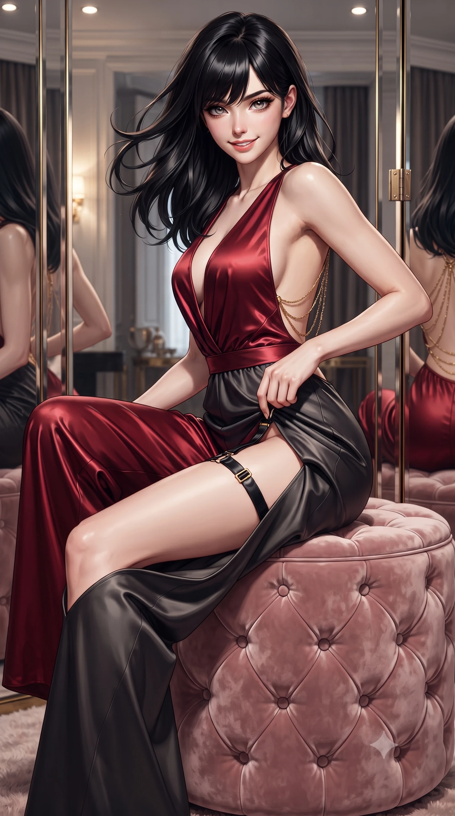 score_9, masterpiece, best quality, ultra-detailed, high-budget anime keyframe, editorial fashion photography, tasteful artistic composition, Caucasian woman. close-up cowboy shot from the waist and thighs up, the character dominates the composition, filling the frame with her large presence. turning slowly with an enchanting smoldering smile, her glossy hair tossing in the breeze as her hips angle gracefully in a captivating contrapposto while sitting perched on a blush velvet pouf with legs extended, adjusting a silk garter with effortless Parisian coquettish allure. The surrounding environment is rendered in vivid detail and crisp panoramic clarity: sharp glass mirror bevels, gilded brass mirror hinges, and velvet fabric tufting buttons in deep focus. She has an exceptionally elegant, slender, and willowy female figure with an ultra-slim waist, flat toned midriff, narrow ribcage, and sculpted feminine hips creating an alluring, slim hourglass silhouette without bulk. sharp v-shaped jawline, high-bridge nose, sparkling eyes with hypnotic seductive depth, thick curled eyelashes, glossy parted lips with a natural dewy peach sheen, alluring bedroom-eyes with an enchanting coquettish smile, exuding magnetic siren charisma and sophisticated glamour, flawlessly proportioned anatomical accuracy, strict slender model proportions, natural body alignment, perfectly sculpted long slender limbs, ultra-slim waistline, clean dynamic posture without body distortion. wearing a backless plunge-front silk satin jumpsuit with fluid wide-leg silhouette and side hip cutouts in rich cherry lacquer and smoky charcoal, woven from buttery-soft stretch lambskin leather adhering to her body like a second skin, accented with an open-back drape framed by falling strands of delicate gold chains, the second-skin tailored fabric adhering flawlessly to her sculpted flat midriff and slender torso, emphasizing her long leg lines and perfectly proportioned willowy build. illuminated by mirror reflection bounce and sharp platinum-gold rim lights defining her delicate clavicles, narrow waist, and curvy hips. ultra-reflective glossy finish, specular highlights, rich textural contrasts, high-contrast stereoscopic depth, volumetric dynamic lighting, 2k, ultra detail, master piece, 9:16 ratio
