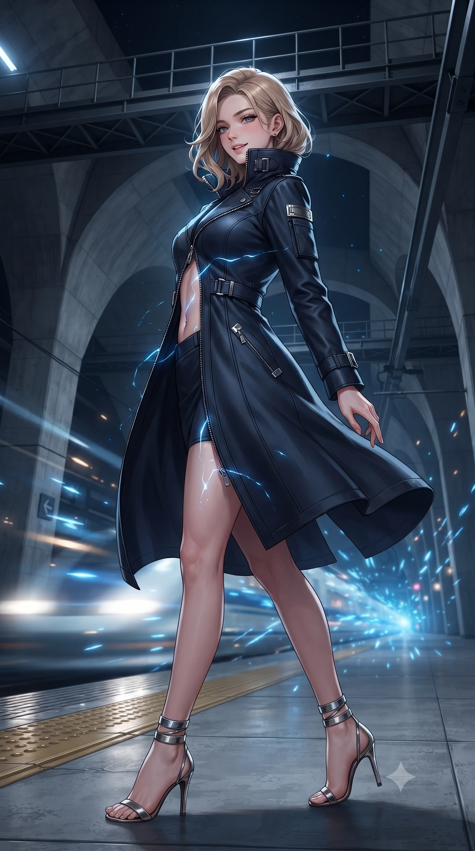 score_9, masterpiece, best quality, ultra-detailed, high-budget anime keyframe, editorial fashion photography, tasteful artistic composition, Korean woman. low angle full-body shot from head to toe showing her feet, filling the entire 9:16 vertical frame with her statuesque presence, stretching her vertical silhouette. executing a slow, graceful pivot turn as her skirt sways around her slender legs, glancing back with an enchanting, teasing sensual expression while twisting her slender torso in an alluring S-curve, high-voltage electric blue arcs reflecting dynamically across her flat midriff and hips. The background shows a soft-focus streaks of high-speed maglev train headlights, showering blue magnetic sparks, and massive brutalist concrete vaults blurred into cobalt, diamond, and amber bokeh. She has an exceptionally tall and slender model-like 8.5-heads proportion, an ultra-slim waist, a flat toned midriff, narrow delicate ribcage, and beautifully sculpted feminine hips creating a graceful, slim hourglass silhouette without any bulky heaviness, with impossibly long slender legs. sharp v-shaped jawline, high-bridge nose, intricate jewel-like sparkling eyes with depth, thick eyelashes, glossy parted lips with a natural peach sheen, bright cheerful beaming smile with an enchanting and coquettish sensual glint, exuding both youthful cute charm and seductive allure, flawlessly proportioned anatomical accuracy, strict slender model proportions, natural body alignment, perfectly sculpted long slender limbs, ultra-slim waistline, clean dynamic posture without body distortion. wearing a bespoke tactical commander trench coat in matte carbon-weave with magnetic utility buckles, storm flaps, and high standing collar in midnight carbon navy and polished chrome, woven from structured carbon-fiber jacquard with rich textural depth, complemented by strappy stiletto sandals with metallic ankle wraps accentuating her slender calves, the impeccably tailored cut draping gracefully along her slender figure with aristocratic poise. illuminated by steel catwalk reflection bounce and sharp electric-cyan rim lights sculpting her jawline, narrow waist, and curvy hips. ultra-reflective glossy finish, specular highlights, rich textural contrasts, high-contrast stereoscopic depth, volumetric dynamic lighting, 2k, ultra detail, master piece, 9:16 ratio