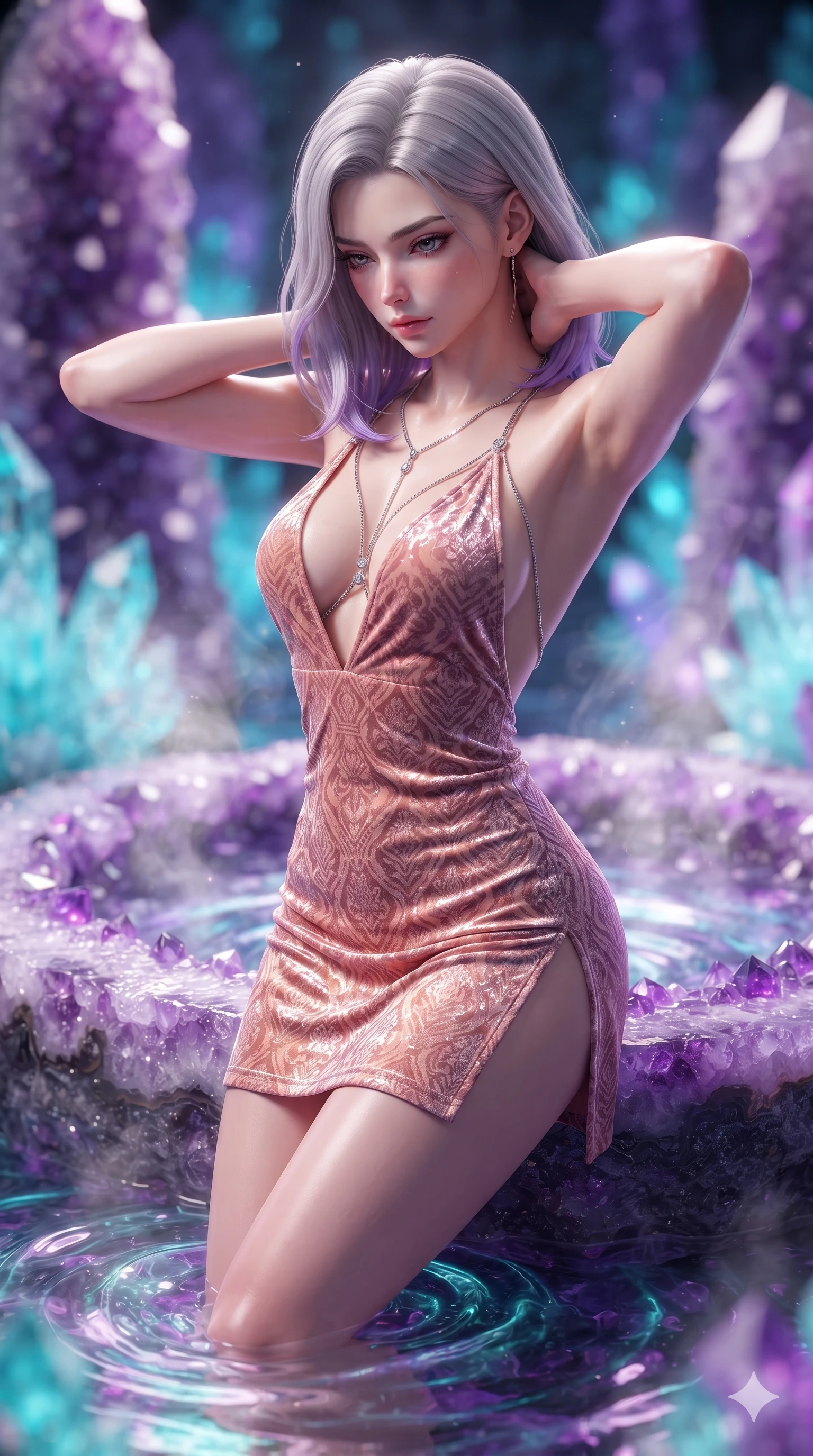 score_9, masterpiece, best quality, ultra-detailed, high-budget anime keyframe, semi-realistic 3D game render, editorial fashion photography, tasteful artistic composition, Caucasian woman. close-up cowboy shot from the waist and thighs up, the character dominates the composition, filling the frame with her large presence. resting both hands lightly behind her neck with elbows raised, arching her spine to highlight her narrow waist, flat midriff, and breathtaking collarbones while leaning against the giant amethyst geode rim with hips cocked back, watching phosphorescent mineral ripples swirl with smoldering bedroom-eyes. The background shows a soft-focus towering purple amethyst and cyan celestine crystal clusters, phosphorescent water currents, and rising mineral steam blurred into amethyst, neon cyan, and diamond bokeh. She has an exceptionally elegant, slender, and willowy female figure with an ultra-slim waist, flat toned midriff, narrow ribcage, and sculpted feminine hips creating an alluring, slim hourglass silhouette without bulk. sharp v-shaped jawline, high-bridge nose, intricate jewel-like sparkling eyes with depth, thick eyelashes, glossy parted lips with a natural peach sheen, bright cheerful beaming smile with an enchanting and coquettish sensual glint, exuding both youthful cute charm and seductive allure, flawlessly proportioned anatomical accuracy, strict slender model proportions, natural body alignment, perfectly sculpted long slender limbs, ultra-slim waistline, clean dynamic posture without body distortion. wearing a backless crushed velvet mini dress with a deep plunging neckline and hip-high thigh slit in Solaris liquid rose-quartz and alien peach, woven from structured carbon-fiber jacquard with rich textural depth, accented with a chrome-drop body harness subtly framing her dewy collarbones and spine, the glove-like clinging cut tightly following the natural contour of her hips and long slender legs with youthful 8.5-heads elegance. bathed in the natural phosphorescent glow of ultraviolet and cyan crystals combined with warm mineral pool LEDs. highly saturated vibrant anime colors, detailed shading with soft gradients, rich glossy textures, high-contrast stereoscopic depth, volumetric dynamic lighting, master piece, 9:16 ratio