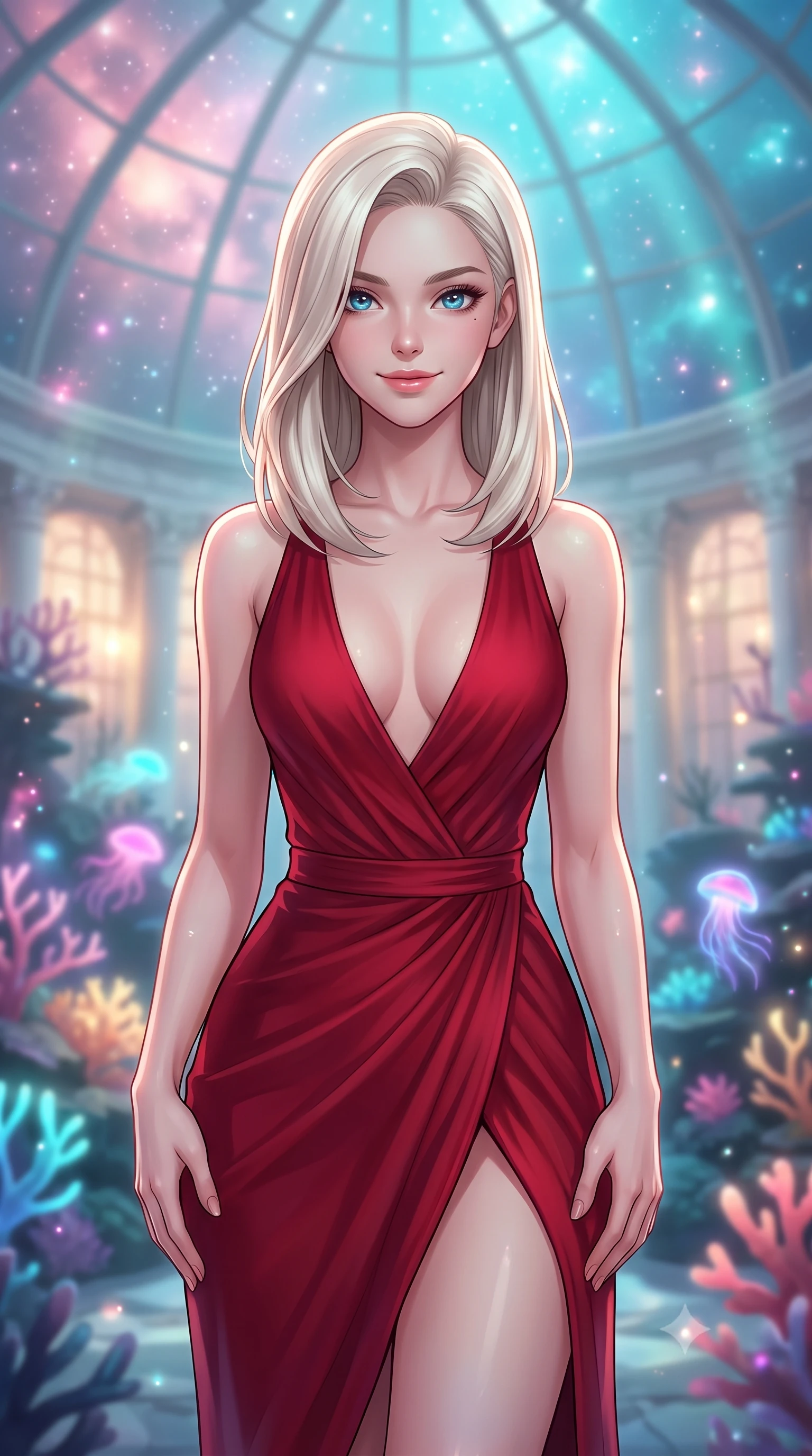 score_9, masterpiece, best quality, ultra-detailed, high-budget anime keyframe, editorial fashion photography, tasteful artistic composition, Caucasian woman, strictly human ears. close-up cowboy shot from the waist and thighs up, the character dominates the composition, filling the frame with her large presence, background elements kept in soft focus. Casting a soft, warm, affectionate smile with glowing eyes. set against a soft-focus background of inside a submerged ancient white marble conservatory under a giant underwater glass dome, filled with glowing corals and neon sea creatures. She has an exceptionally elegant, slender, and willowy female figure with a highly-defined ultra-slim waist, a gracefully sculpted slender torso, and a refined slim-fit silhouette that contours her form. sharp v-shaped jawline, high-bridge nose, intricate jewel-like eyes with depth, thick eyelashes, glossy lips with a natural sheen. wearing a crimson red jersey dress featuring a deep plunging neckline and a high-slit wrap skirt. starlight and nebula glow casting soft cosmic pink and cyan highlights on her form. 2k, ultra detail, master piece, 9:16 ratio