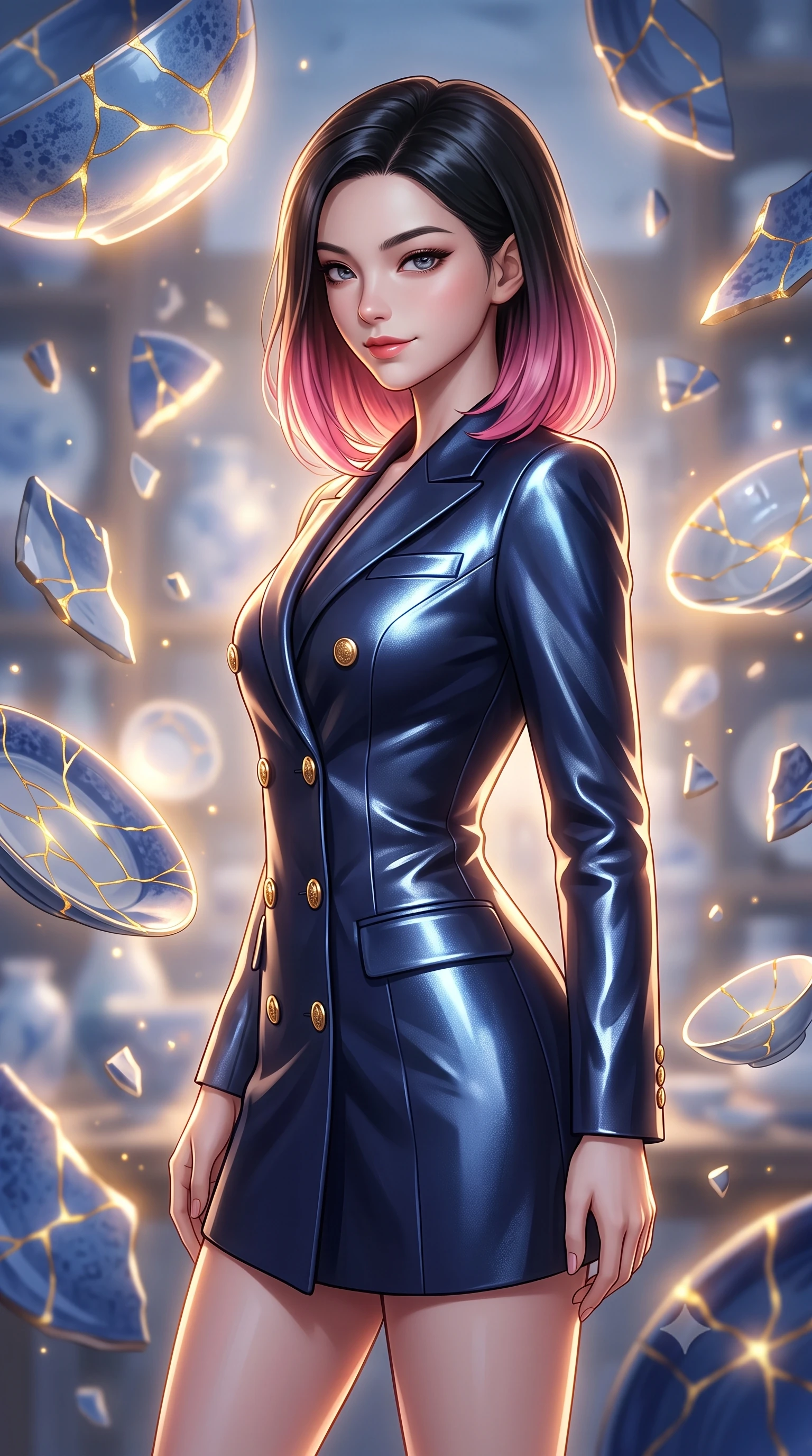 score_9, masterpiece, best quality, ultra-detailed, high-budget anime keyframe, editorial fashion photography, tasteful artistic composition, Korean woman woman. close-up cowboy shot from the waist and thighs up, the character dominates the composition, filling the frame with her large presence, background elements kept in soft focus. She has an exceptionally elegant, slender, and willowy female figure with an ultra-slim waist, a gracefully sculpted slender torso, and a refined silhouette. glancing sidelong over her shoulder with a smoldering, magnetic half-smile, flawlessly proportioned anatomical accuracy, natural body alignment, perfectly sculpted elegant limbs, clean dynamic posture without body distortion. set against a soft-focus background of a floating blue porcelain workshop with levitating kintsugi shards. wearing a sophisticated navy double-breasted blazer dress with gold button accents. bathed in gold ethereal light radiating from gold cracks in floating ceramics with intense inner glow. ultra-reflective glossy finish, specular highlights, metallic sheen, high-contrast stereoscopic depth, volumetric dynamic lighting, 2k, ultra detail, master piece, 9:16 ratio