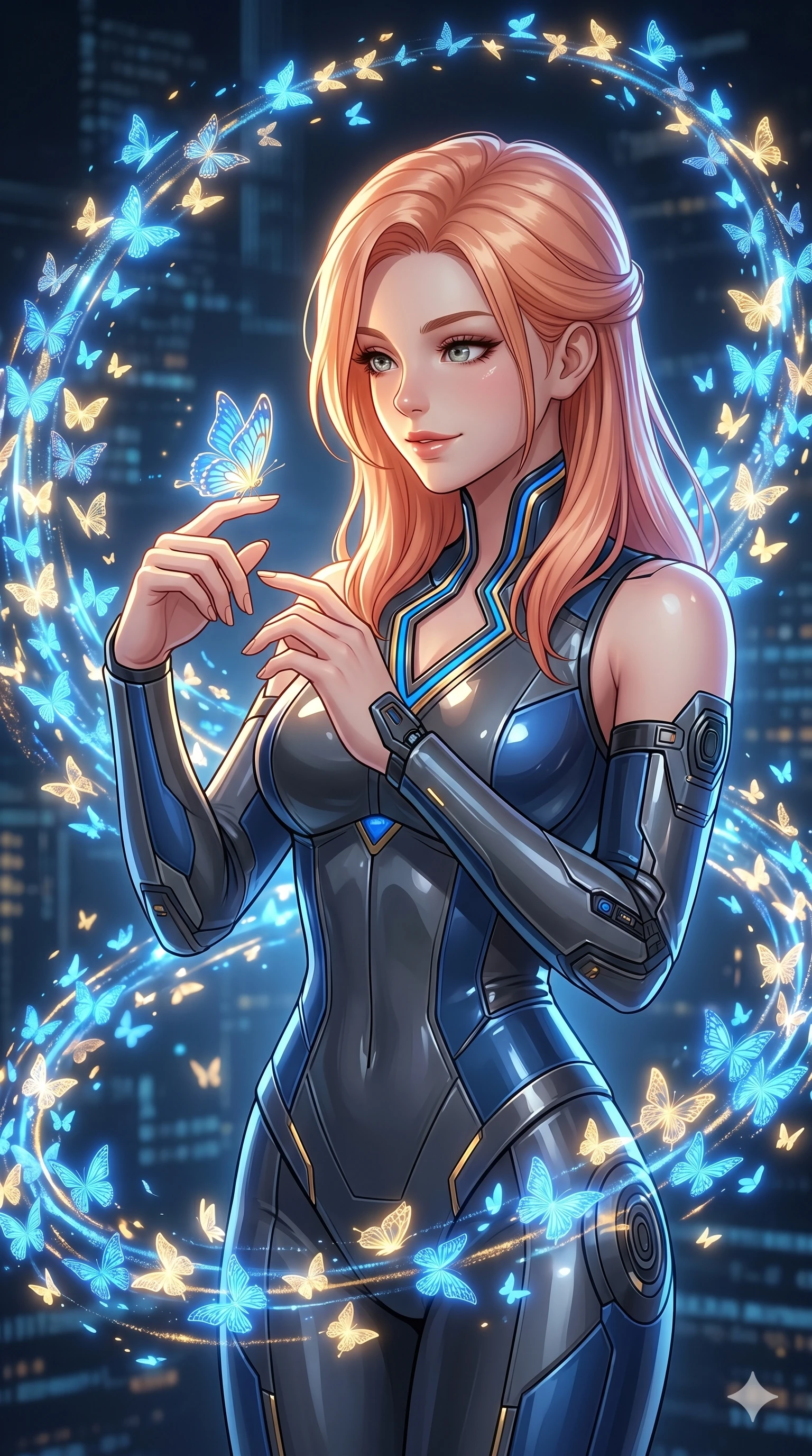 score_9, masterpiece, best quality, ultra-detailed, high-budget anime keyframe, editorial fashion photography, tasteful artistic composition, Japanese woman. Upper body close-up from the thighs up, character filling the screen for maximum presence. She is surrounded by thousands of glowing digital butterflies that orbit her body. She reaches out to let one land on her finger, looking at it with a soft, captivating smile. She has an absolutely perfect 8-heads proportion, a tall and elegant figure with a refined silhouette and a defined waistline. V-shaped jawline, high-bridge nose, intricate jewel-like eyes with depth, thick eyelashes, glossy lips with a natural sheen. She is wearing a structured cybernetic bodice in glossy vinyl panels, paired with detached sleeves and a refined V-neckline detailed with glowing piping. The scene is lit by brilliant blue and gold light from the butterflies and a sharp side key light. 2k, ultra detail, master piece, 9:16 ratio