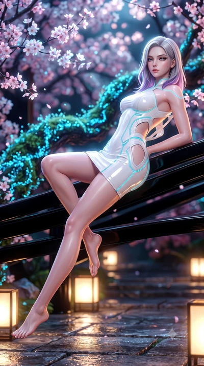 score_9, masterpiece, best quality, ultra-detailed, high-budget anime keyframe, semi-realistic 3D game render, editorial fashion photography, tasteful artistic composition, Caucasian woman. low angle full-body shot from head to toe showing her feet, 