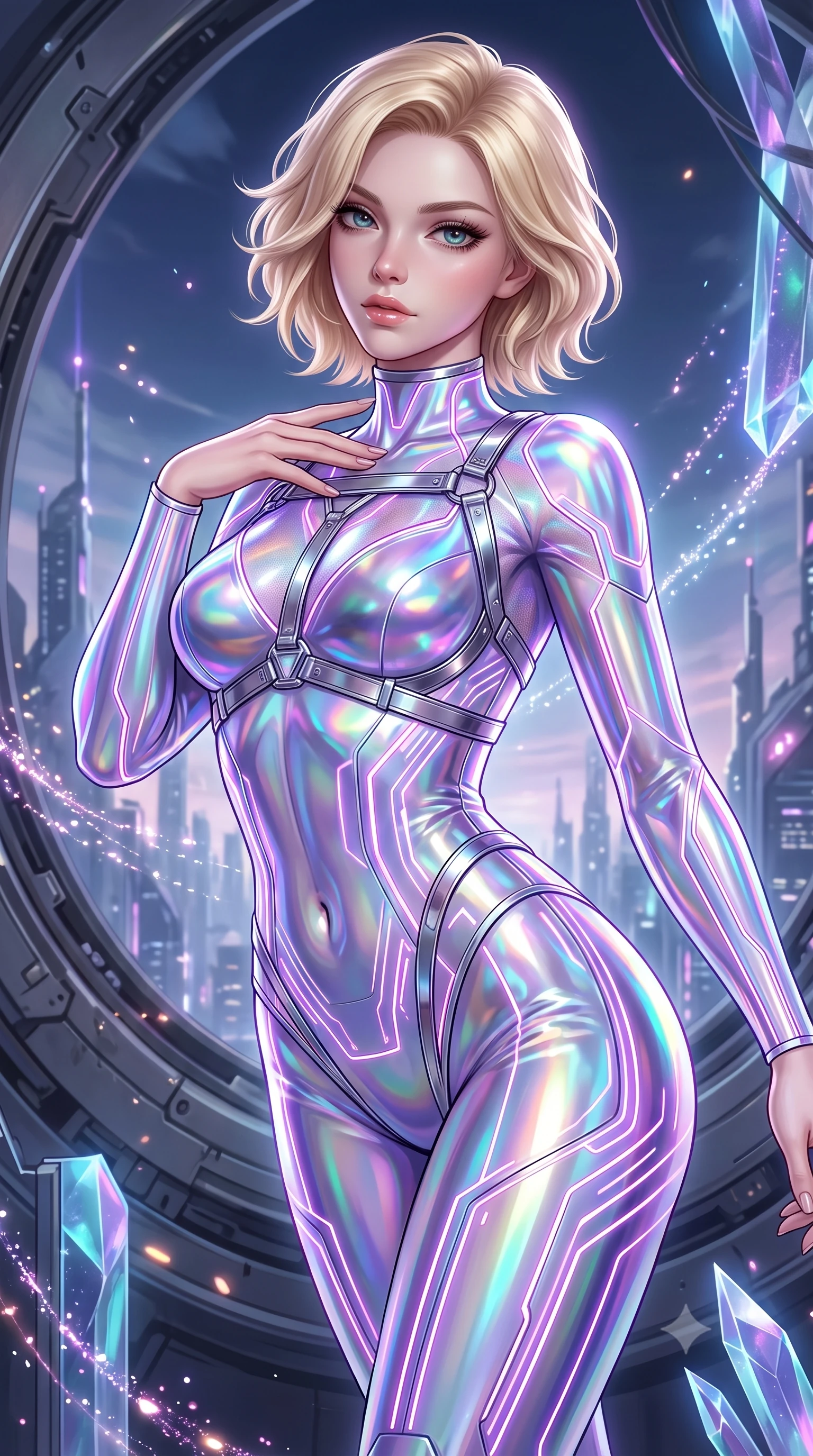 score_9, masterpiece, best quality, ultra-detailed, high-budget anime keyframe, semi-realistic 3D game render, editorial fashion photography, tasteful artistic composition, Caucasian woman. close-up cowboy shot from the waist and thighs up, the character dominates the composition, filling the frame with her large presence. stretching forward with an alluring arch of her spine, glancing over her shoulder with divine self-assurance and magnetic intensity while resting one hand near her clavicle while floating gracefully with an omnipotent, celestial gaze looking into the lens. The surrounding environment is rendered in vivid detail and crisp panoramic clarity. sharp magnetic ring mechanical seams, distinct glowing particle trails, and crystalline conduit facets in deep focus. She has an exceptionally elegant, slender, and willowy female figure with an ultra-slim waist, a gracefully sculpted slender torso, toned flat midriff, and a refined slim silhouette. sharp v-shaped jawline, high-bridge nose, intricate jewel-like eyes with depth, thick eyelashes, glossy lips with a natural sheen, flawlessly proportioned anatomical accuracy, strict slender model proportions, natural body alignment, perfectly sculpted long slender limbs, ultra-slim waistline, clean dynamic posture without body distortion. wearing an aerodynamic sculpted liquid-chrome bodysuit with glowing neon fiber-optic circuitry and an elegant high-fashion cut in iridescent holographic chrome with prism violet highlights, crafted from delicate iridescent organza interwoven with luminescent micro-fibers, reinforced by a sleek metallic chrome harness and delicate glowing micro-straps, the sleek second-skin cut tightly hugging her graceful clavicle, narrow waist, and feminine curves with athletic precision. surrounded by an awe-inspiring, divine, and radiantly transcendent machine-muse sovereignty aura. rich saturated anime colors with glowing neon highlights, detailed shading with soft gradients, rich glossy textures, high-contrast stereoscopic depth, volumetric dynamic lighting, master piece, 9:16 ratio