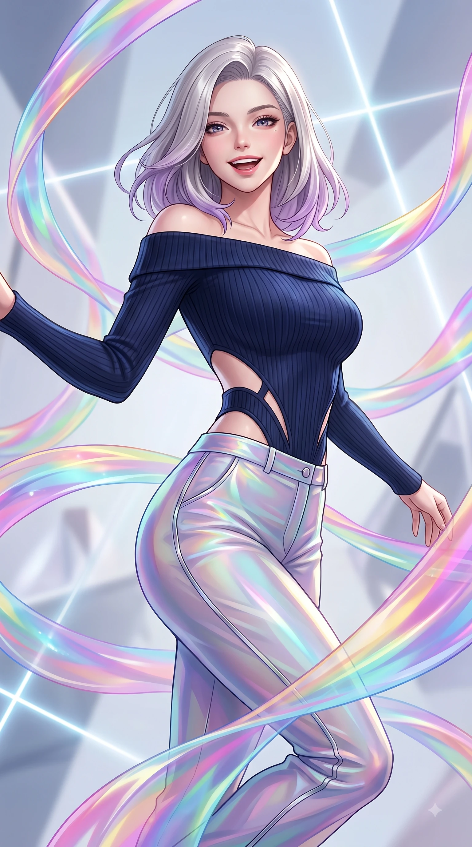 score_9, masterpiece, best quality, ultra-detailed, high-budget anime keyframe, editorial fashion photography, tasteful artistic composition, Caucasian woman. close-up cowboy shot from the waist and thighs up, the character dominates the composition, filling the frame with her large presence, background elements kept in soft focus. Cheerful beaming smile with parted lips, exuding pure enchanting charm while turning dynamically toward the camera while spinning in mid-air as translucent rainbow silk ribbons swirl around her with joyful grace, translucent silk ribbons swirling around her figure like bright streams. She has an exceptionally elegant, slender, and willowy female figure with an ultra-slim waist, a gracefully sculpted slender torso, and a refined silhouette. sharp v-shaped jawline, high-bridge nose, intricate jewel-like eyes with depth, thick eyelashes, glossy lips with a natural sheen, flawlessly proportioned anatomical accuracy, natural body alignment, perfectly sculpted elegant limbs, clean dynamic posture without body distortion. wearing a sleek off-shoulder ribbed knit top paired with high-waist tailored pants in midnight navy blue and chrome trim, crafted from iridescent chiffon that shifts colors in the light, featuring clean architectural cutouts along her slender torso, the form-contouring material highlighting her ultra-slim waist and long lines. bathed in sharp geometric laser grid highlights and soft airy ambient fill. highly saturated vibrant anime colors, detailed shading with soft gradients, rich glossy textures, high-contrast stereoscopic depth, volumetric dynamic lighting, master piece, 9:16 ratio