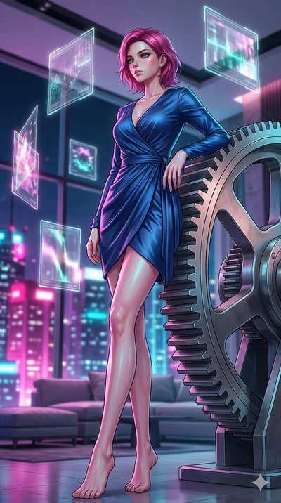 score_9, masterpiece, best quality, ultra-detailed, high-budget anime keyframe, editorial fashion photography, tasteful artistic composition, Caucasian woman, strictly human ears. low angle full-body shot from head to toe showing her feet, filling th