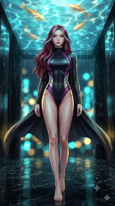 score_9, masterpiece, best quality, ultra-detailed, high-budget anime keyframe, semi-realistic 3D game render, editorial fashion photography, tasteful artistic composition, Caucasian woman. low angle full-body shot from head to toe showing her feet, 