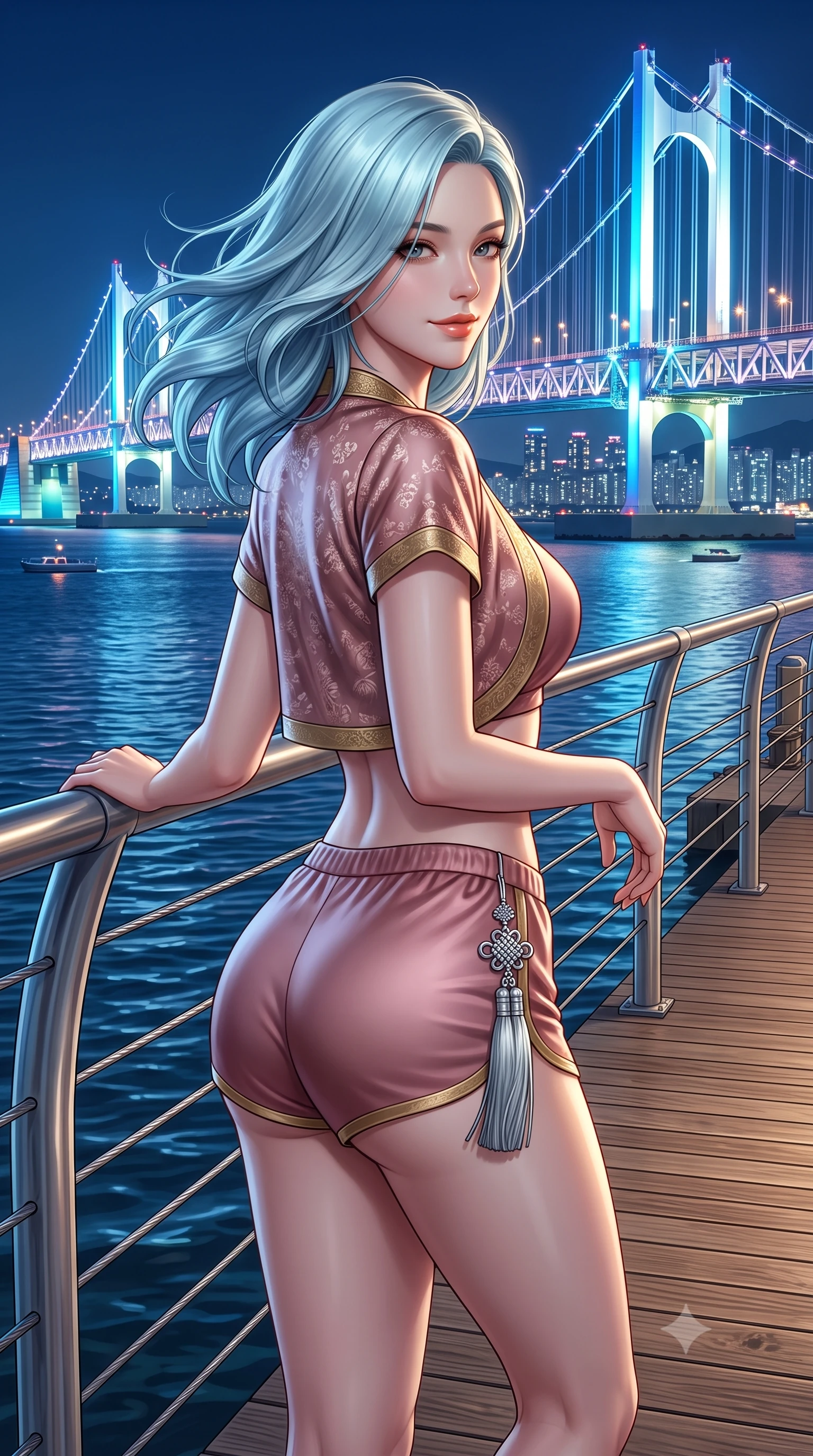 score_9, masterpiece, best quality, ultra-detailed, high-budget anime keyframe, semi-realistic 3D game render, editorial fashion photography, tasteful artistic composition, Korean woman. close-up cowboy shot from the waist and thighs up, the character dominates the composition, filling the frame with her large presence. turning slowly with an enchanting smoldering smile, her glossy hair tossing in the breeze as her hips angle gracefully in a captivating contrapposto while standing at the pier wooden railing overlooking the illuminated suspension bridge, arching her back with breathtaking city-pop romance. The surrounding environment is rendered in vivid detail and crisp panoramic clarity: sharp boardwalk timber grain, stainless steel cable railing, and water wake ripple clarity in deep focus. She has an exceptionally elegant, slender, and willowy female figure with an ultra-slim waist, flat toned midriff, narrow ribcage, and sculpted feminine hips creating an alluring, slim hourglass silhouette without bulk. sharp v-shaped jawline, high-bridge nose, sparkling eyes with hypnotic seductive depth, thick curled eyelashes, glossy parted lips with a natural dewy peach sheen, alluring bedroom-eyes with an enchanting coquettish smile, exuding magnetic siren charisma and sophisticated glamour, flawlessly proportioned anatomical accuracy, strict slender model proportions, natural body alignment, perfectly sculpted long slender limbs, ultra-slim waistline, clean dynamic posture without body distortion. wearing a modern two-piece royal silk loungewear set featuring an open-front short bolero and form-fitting silk hot-pants in dusky blush rose and antique gold trims, woven from buttery-soft stretch lambskin leather adhering to her body like a second skin, accented with an intricate silver norigae tassel swaying gracefully along her curving hip line, the form-contouring silhouette accentuating her sculpted flat midriff, narrow delicate ribcage, and gracefully curvy hips with intoxicating allure. bathed in the glowing azure and white illumination of the suspension bridge towers. highly saturated vibrant anime colors, detailed shading with soft gradients, rich glossy textures, high-contrast stereoscopic depth, volumetric dynamic lighting, master piece, 9:16 ratio