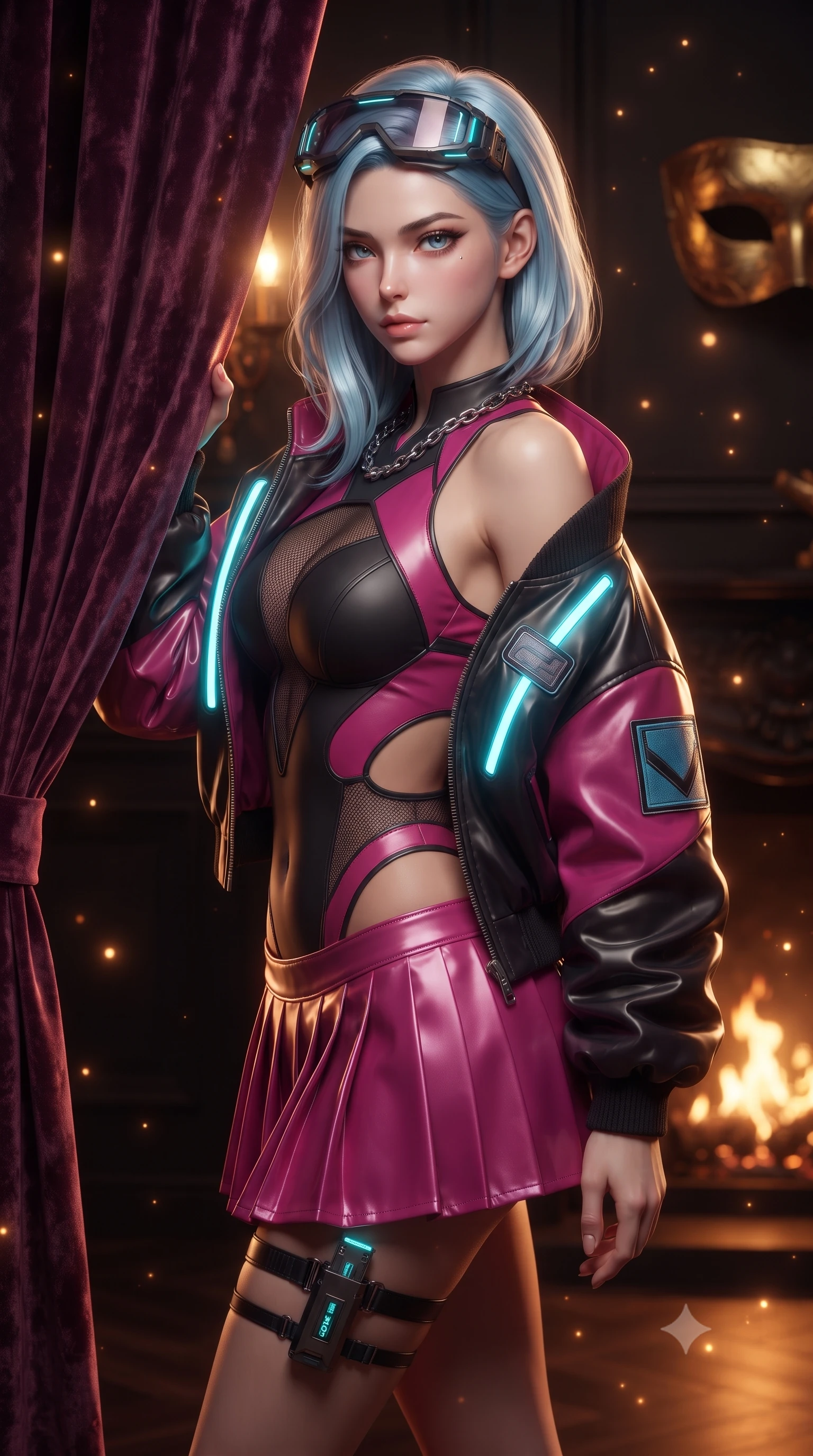 score_9, masterpiece, best quality, ultra-detailed, high-budget anime keyframe, editorial fashion photography, tasteful artistic composition, Korean woman. close-up cowboy shot from the waist and thighs up, the character dominates the composition, filling the frame with her large presence. turning over her shoulder with an indomitable, smoldering gaze, her soft hair framing her razor-sharp v-shaped jawline while pivoting dynamically behind a heavy velvet curtain in a dimly lit VIP corridor, concealing a miniature data drive in her garter. The composition keeps background elements in soft focus with creamy bokeh. flickering fireplace sparks and gold leaf mask reflections scattering warm radiant light motes. She has an exceptionally elegant, slender, and willowy female figure with an ultra-slim waist, a gracefully sculpted slender torso, toned flat midriff, and a refined slim silhouette. sharp v-shaped jawline, high-bridge nose, intricate jewel-like eyes with depth, thick eyelashes, glossy lips with a natural sheen, captivating and magnetic expression, flawlessly proportioned anatomical accuracy, strict slender model proportions, natural body alignment, perfectly sculpted long slender limbs, ultra-slim waistline, clean dynamic posture without body distortion. wearing a daring cutout cyberpunk bodysuit paired with an oversized neon-accented bomber jacket and pleated micro-skirt in matte black and vivid magenta, tailored from second-skin aerodynamic stretch vinyl and insulated satin, accessorized with a chunky silver chain necklace and cyber-visor goggles resting on her brow edition #26, the sleek tailored cut tightly hugging her graceful clavicle, narrow waist, and feminine curves with statuesque precision. bathed in romantic warm candelabra glow and dramatic fireplace ember uplights. ultra-reflective glossy finish, specular highlights, rich textural contrasts, high-contrast stereoscopic depth, volumetric dynamic lighting, 2k, ultra detail, master piece, 9:16 ratio