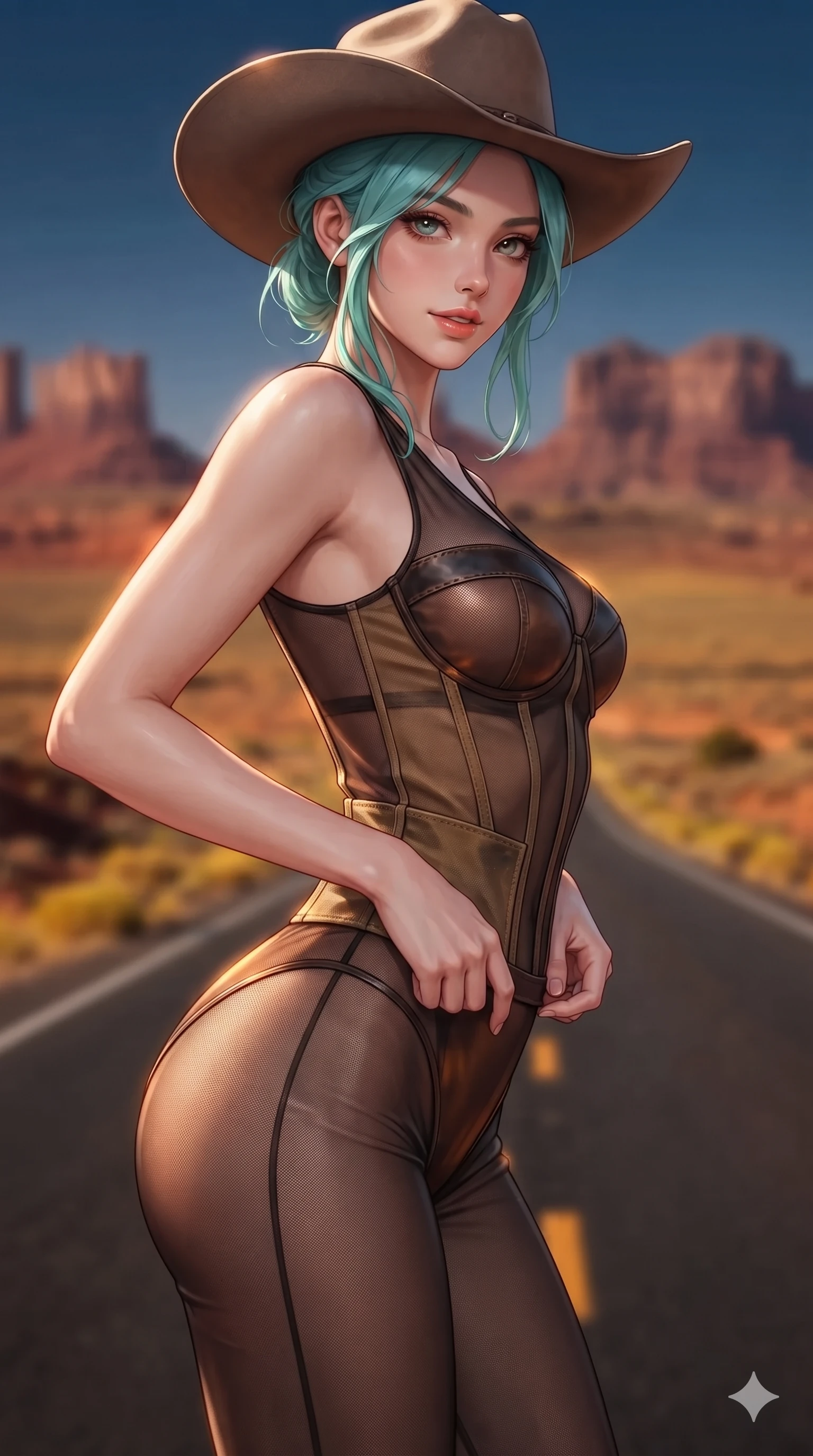score_9, masterpiece, best quality, ultra-detailed, high-budget anime keyframe, editorial fashion photography, tasteful artistic composition, Japanese woman. close-up cowboy shot from the waist and thighs up, the character dominates the composition, filling the frame with her large presence. leaning forward while arching her lower back to accentuate her curvy hips, looking into the camera with an intoxicating smoldering gaze and bedroom-eyes while twisting her slender torso in an alluring contrapposto stance beside the road edge, shimmering heat waves and golden sunlight tracing her narrow waist and curvy hips. The background shows a soft-focus iconic red sandstone mittens and buttes, endless vanishing two-lane blacktop road, and golden desert scrub blurred into terracotta, ochre, and deep blue bokeh. She has an exceptionally elegant, slender, and willowy female figure with an ultra-slim waist, flat toned midriff, narrow ribcage, and sculpted feminine hips creating an alluring, slim hourglass silhouette without bulk. sharp v-shaped jawline, high-bridge nose, sparkling eyes with hypnotic seductive depth, thick curled eyelashes, glossy parted lips with a natural dewy peach sheen, alluring bedroom-eyes with an enchanting coquettish smile, exuding magnetic siren charisma and sophisticated glamour, flawlessly proportioned anatomical accuracy, strict slender model proportions, natural body alignment, perfectly sculpted long slender limbs, ultra-slim waistline, clean dynamic posture without body distortion. wearing a delicate semi-translucent wet-look mesh bodysuit clinging sheerly to her sculpted torso and hip curves in dark espresso leather and warm amber highlights, crafted from rugged heavy-duty canvas and oiled leather with authentic desert durability, finished with a wide-brimmed felt cowboy hat tipped back to frame her face and long glossy hair, the form-contouring material adhering flawlessly to her sculpted flat midriff and slender torso, emphasizing her long leg lines and perfectly proportioned willowy build. illuminated by black asphalt heat bounce and sharp copper-gold rim lights defining her razor-sharp jawline, narrow waist, and curvy hips. ultra-reflective glossy finish, specular highlights, rich textural contrasts, high-contrast stereoscopic depth, volumetric dynamic lighting, 2k, ultra detail, master piece, 9:16 ratio