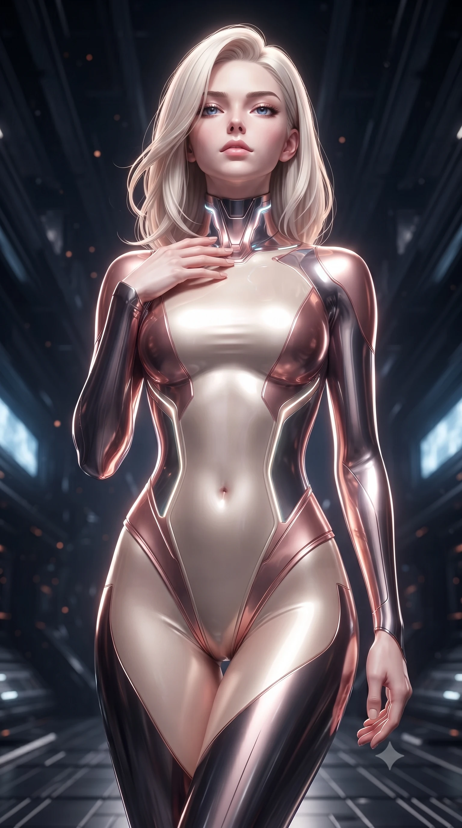 score_9, masterpiece, best quality, ultra-detailed, high-budget anime keyframe, editorial fashion photography, tasteful artistic composition, Caucasian woman. close-up cowboy shot from the waist and thighs up, the character dominates the composition, filling the frame with her large presence. tilting her head back with serene regal elegance, her sharp jawline and sculpted collarbones highlighted by glowing neon halo reflections while resting one hand near her clavicle while floating gracefully with an omnipotent, celestial gaze looking into the lens. The surrounding environment is rendered in vivid detail and crisp panoramic clarity. transcendent chiaroscuro contrast between blinding particle light and deep space architecture in precision. She has an exceptionally elegant, slender, and willowy female figure with an ultra-slim waist, a gracefully sculpted slender torso, toned flat midriff, and a refined slim silhouette. sharp v-shaped jawline, high-bridge nose, intricate jewel-like eyes with depth, thick eyelashes, glossy lips with a natural sheen, flawlessly proportioned anatomical accuracy, strict slender model proportions, natural body alignment, perfectly sculpted long slender limbs, ultra-slim waistline, clean dynamic posture without body distortion. wearing an aerodynamic sculpted liquid-chrome bodysuit with glowing neon fiber-optic circuitry and an elegant high-fashion cut in sculpted rose gold and luminescent champagne ivory, crafted from ultra-reflective second-skin liquid metal with a mirror-like polish, featuring a sleek aerodynamic collar framed by subtle glowing cybernetic accents, the form-contouring material adhering flawlessly to her sculpted flat midriff and slender torso, emphasizing her long leg lines and perfectly proportioned willowy build. illuminated by intense directional rim lights sharply defining her ultra-slim waist, long legs, and flat midriff. ultra-reflective glossy finish, specular highlights, dark metallic sheen, high-contrast stereoscopic depth, volumetric dynamic lighting, 2k, ultra detail, master piece, 9:16 ratio